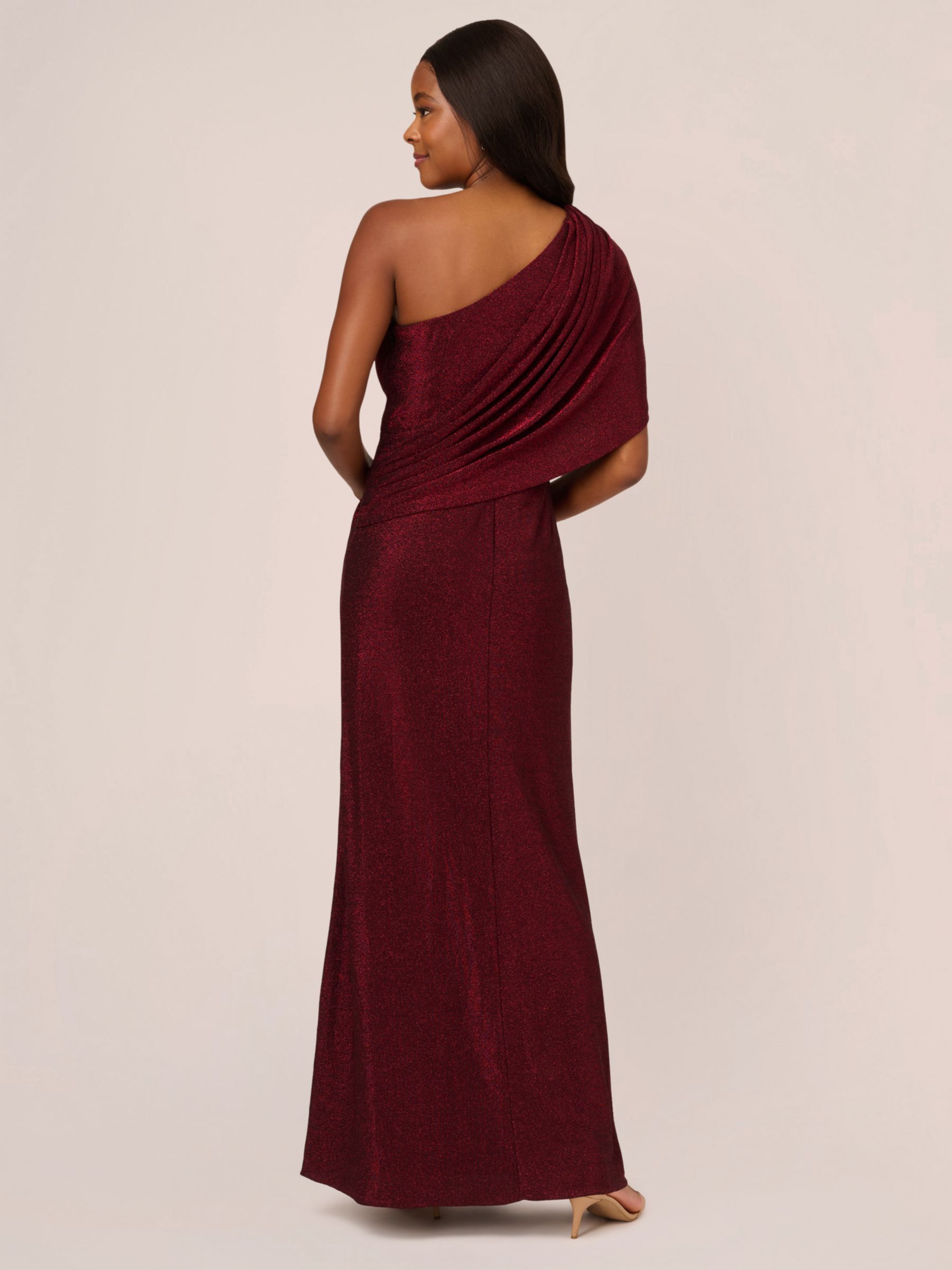 Adrianna Papell One Shoulder Draped Metallic Maxi Dress Dark Ruby