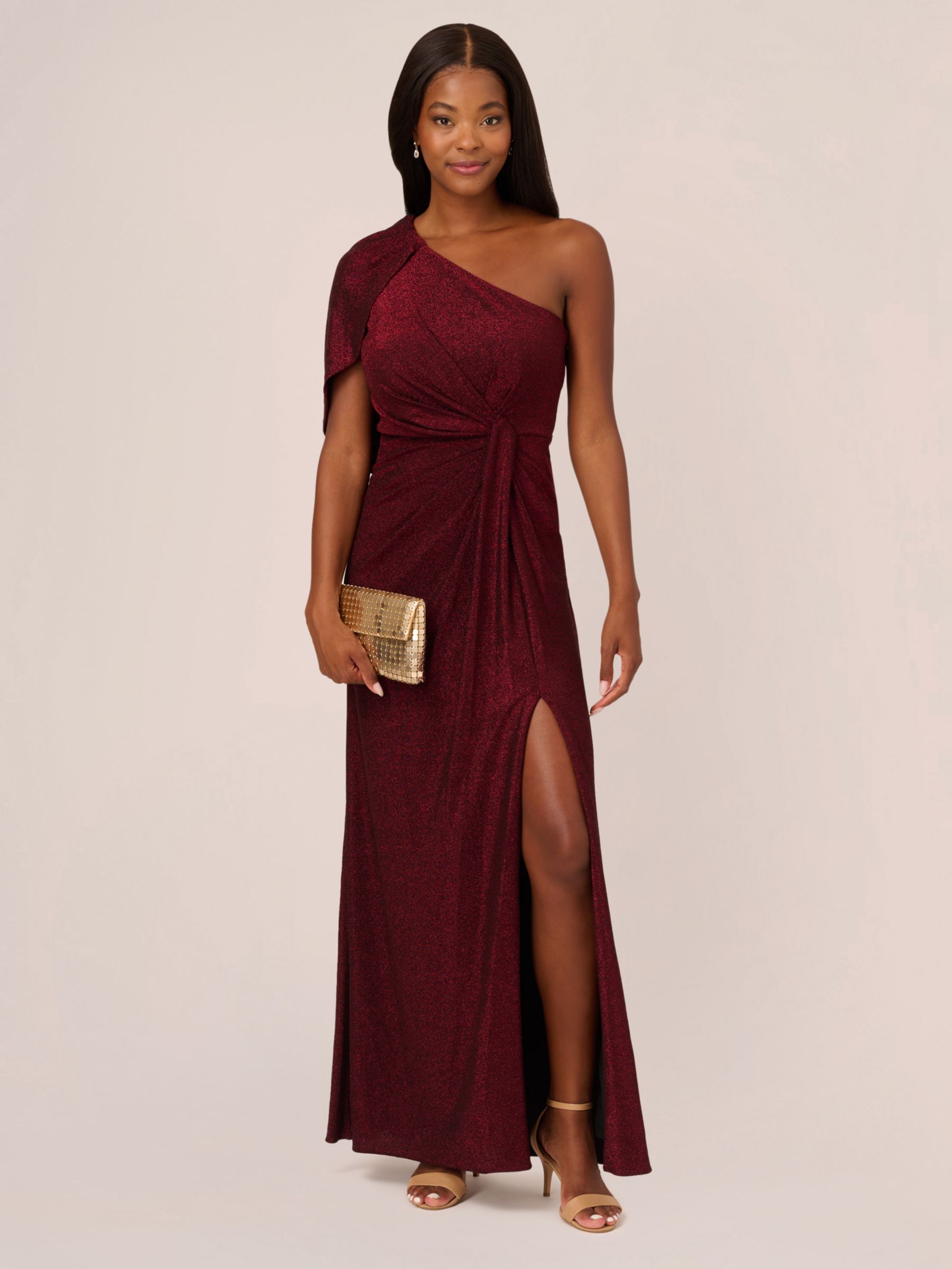 Adrianna Papell One Shoulder Draped Metallic Maxi Dress Dark Ruby