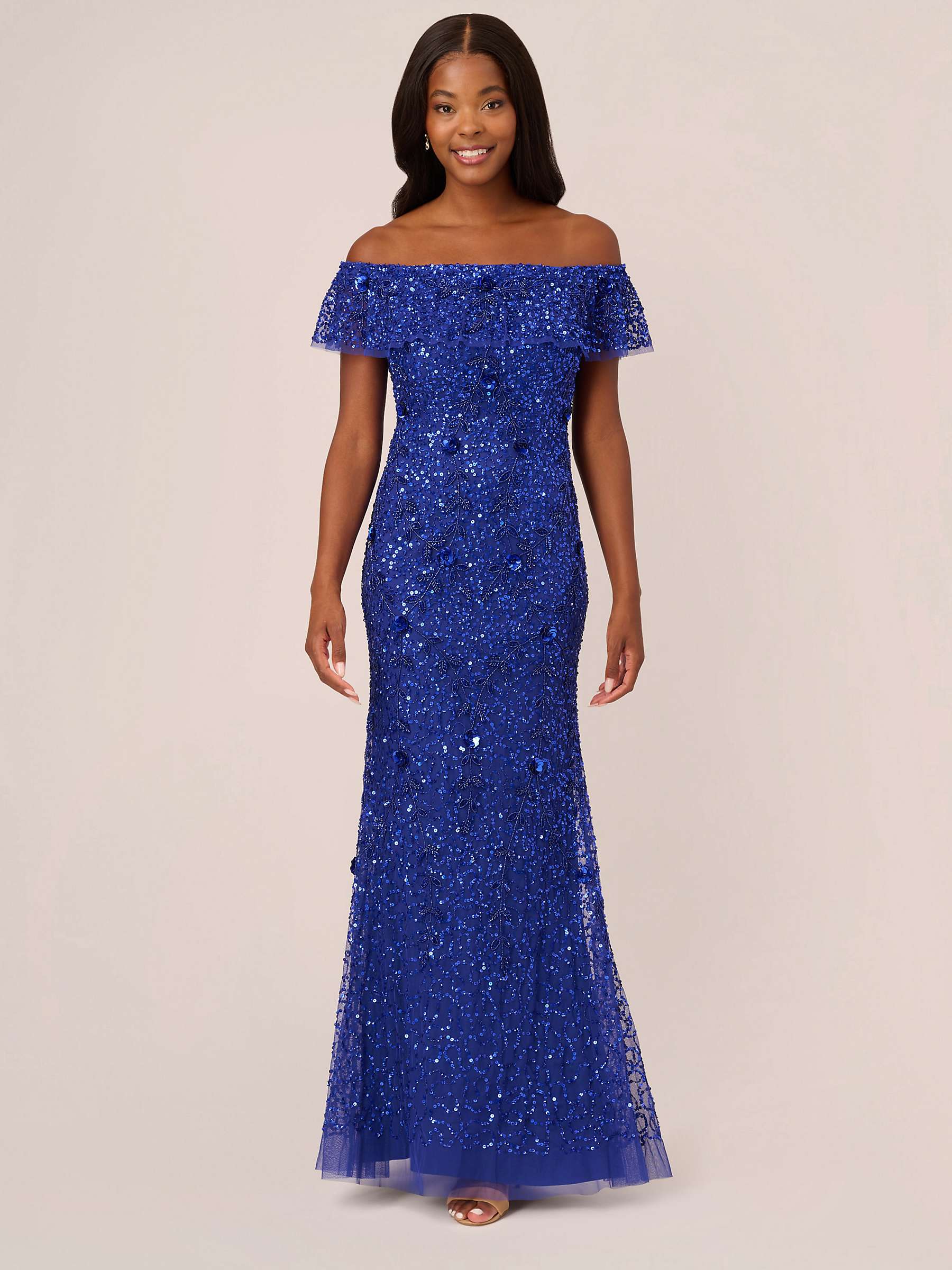 Buy Adrianna Papell Embellished Mesh Bardot Mermaid Gown, Ultra Blue Online at johnlewis.com