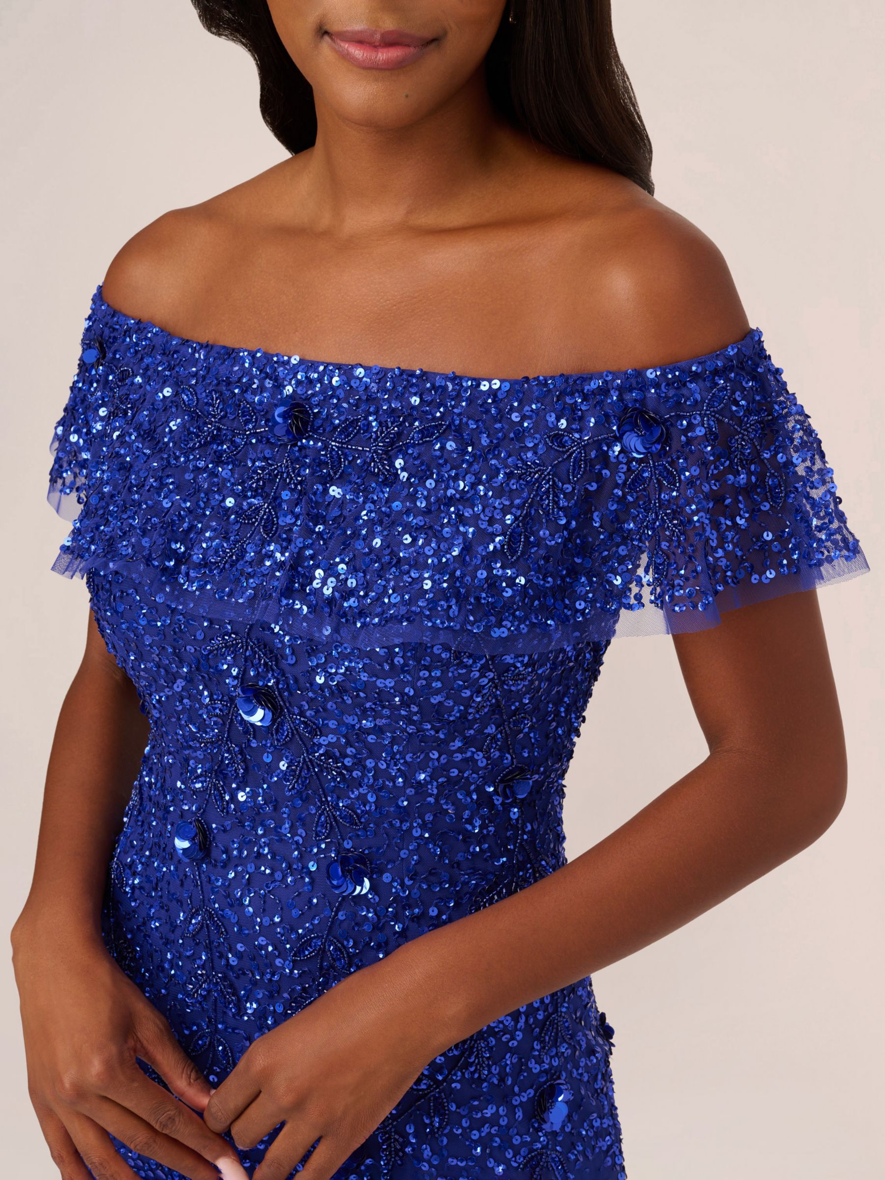 Adrianna Papell Embellished Mesh Bardot Mermaid Gown Ultra Blue