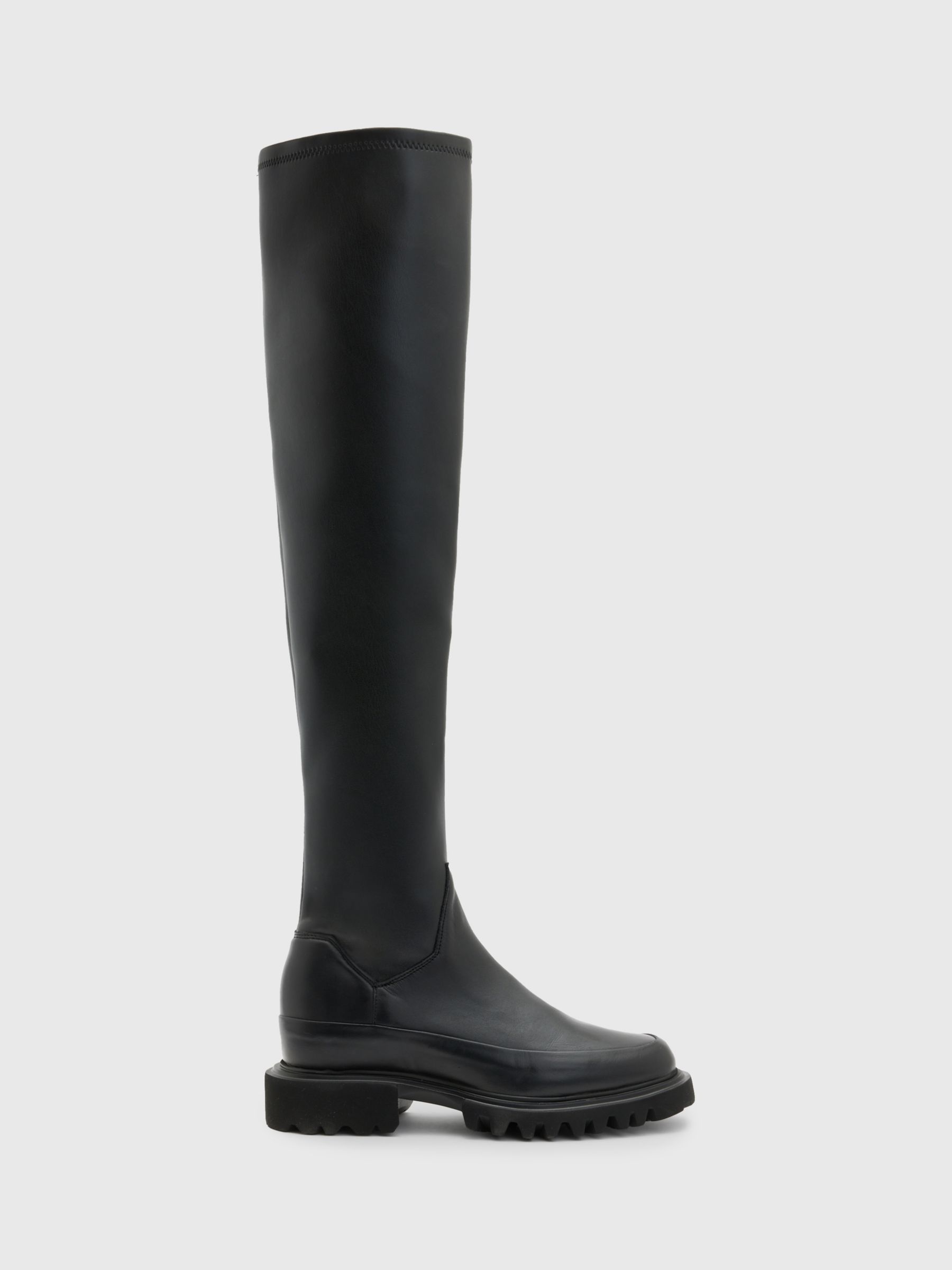 AllSaints Leona Stretch Leather Over The Knee Boots, Black at John ...