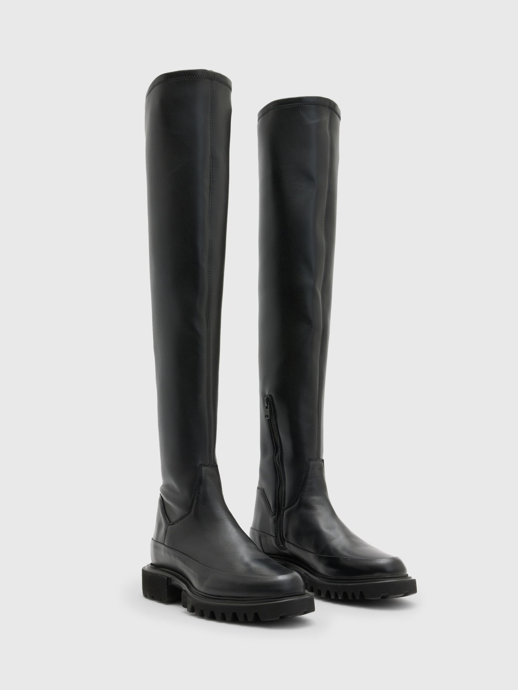 AllSaints Leona Stretch Leather Over The Knee Boots, Black at John ...