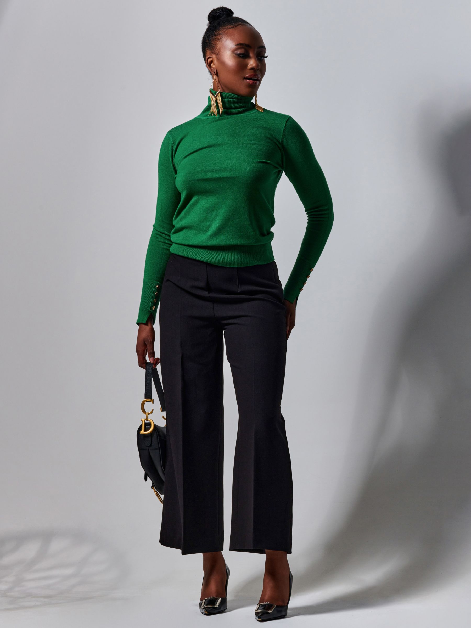 Jolie Moi Turtleneck Fine Knit Fitted Jumper, Green at John Lewis ...