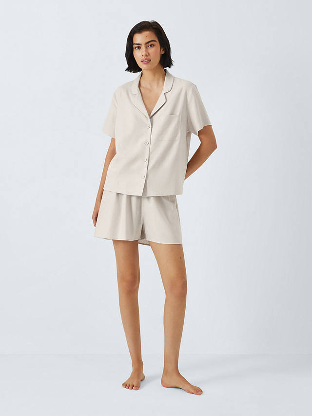 John Lewis Shirt Short Linen Blend Pyjama Set, Oatmeal