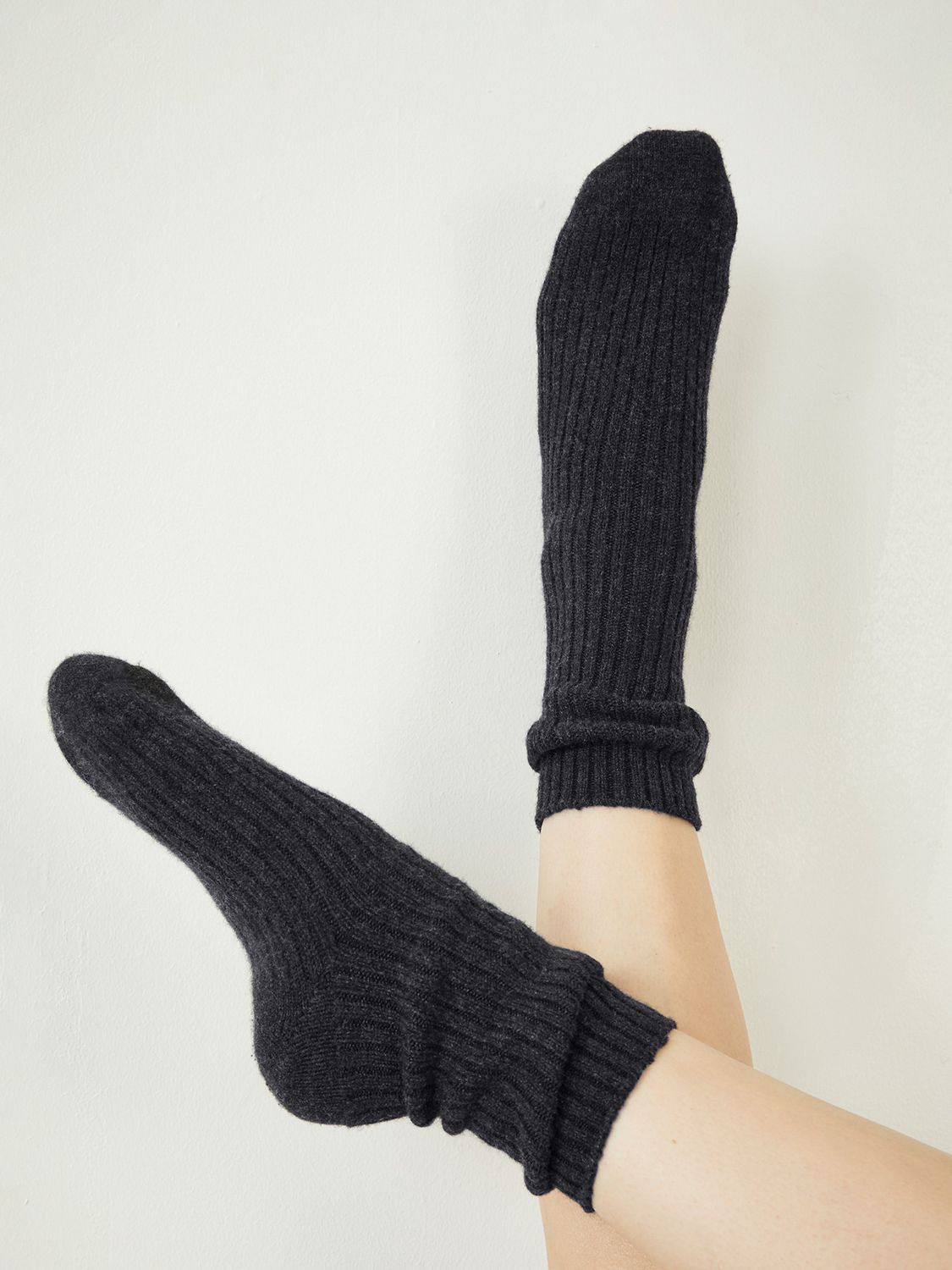 HUSH Ribbed Cashmere Rich Socks, Charcoal Marl, One Size
