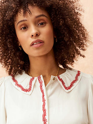 Brora Silk Crepe De Chine Embroidered Blouse, Ivory/Red