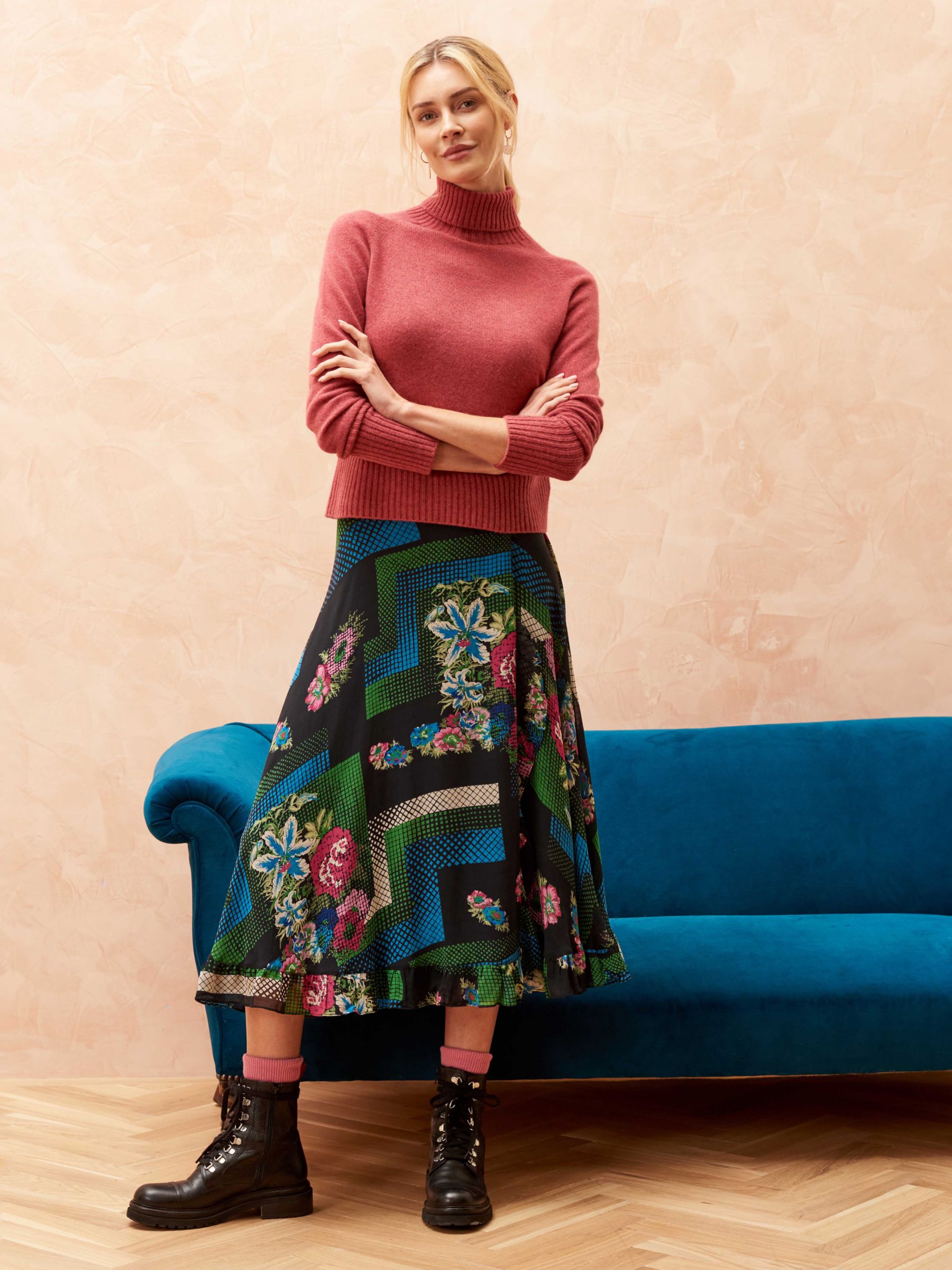 Brora Graphic Floral Print Silk Midi Wrap Skirt, Multi