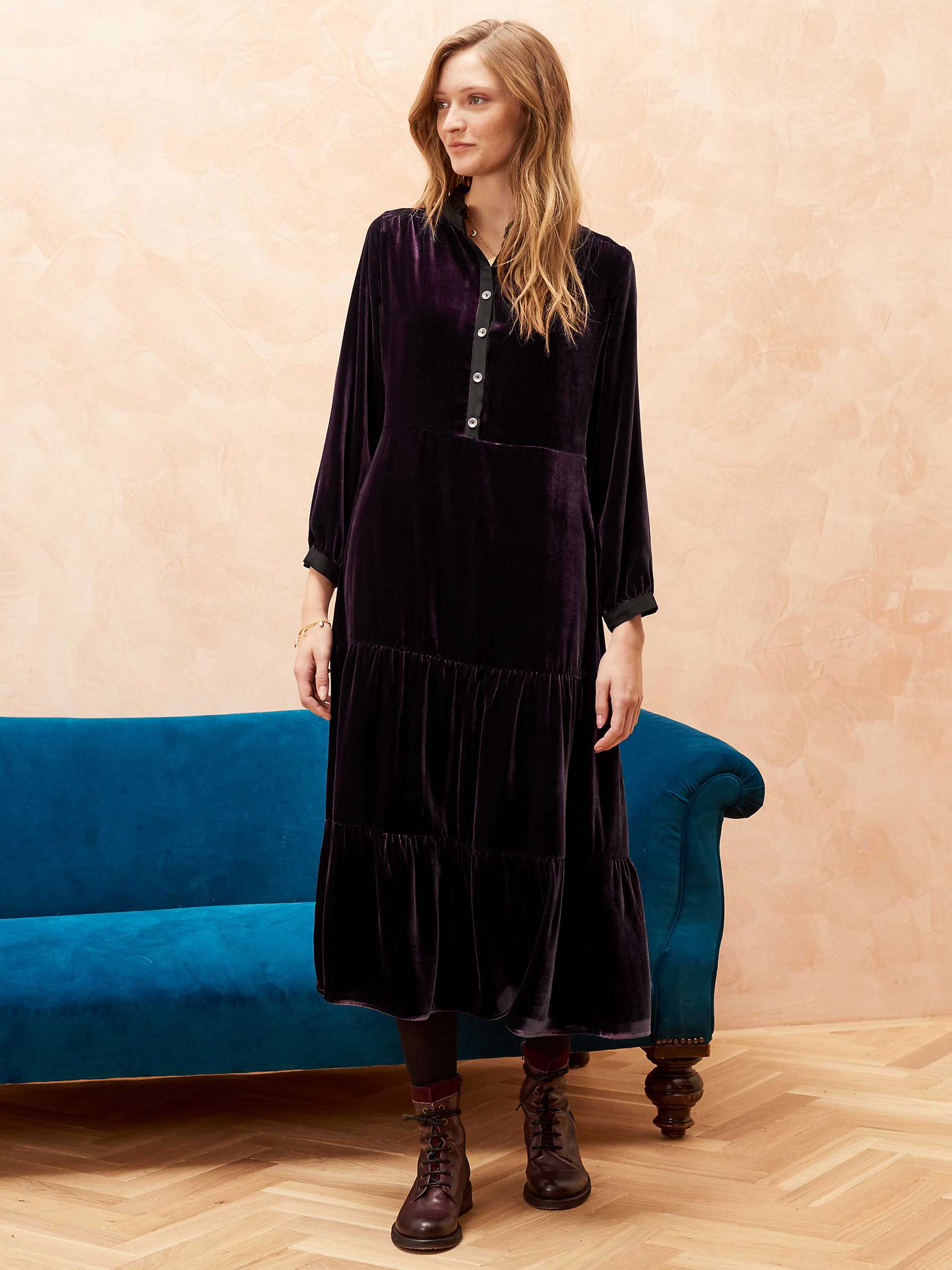 Buy Brora Silk Blend Velvet Tiered Midi Dress, Grape Online at johnlewis.com