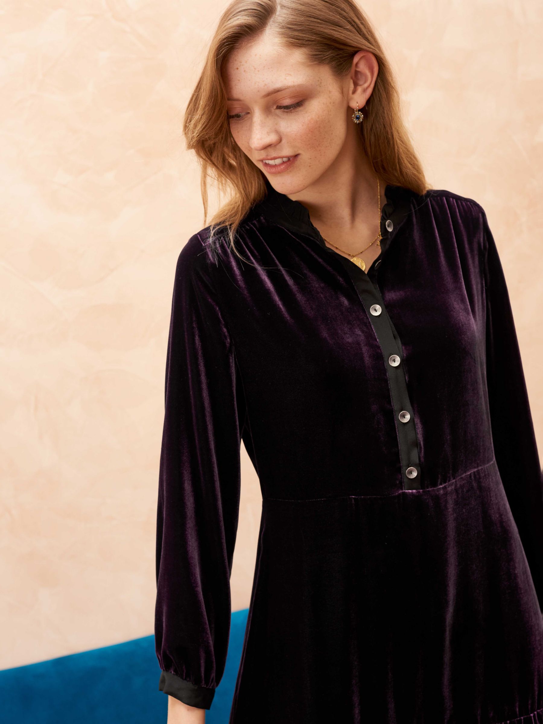 Brora Silk Blend Velvet Tiered Midi Dress, Grape at John Lewis & Partners