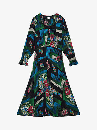Brora Graphic Floral Bead Hem Silk Midi Dress, Multi