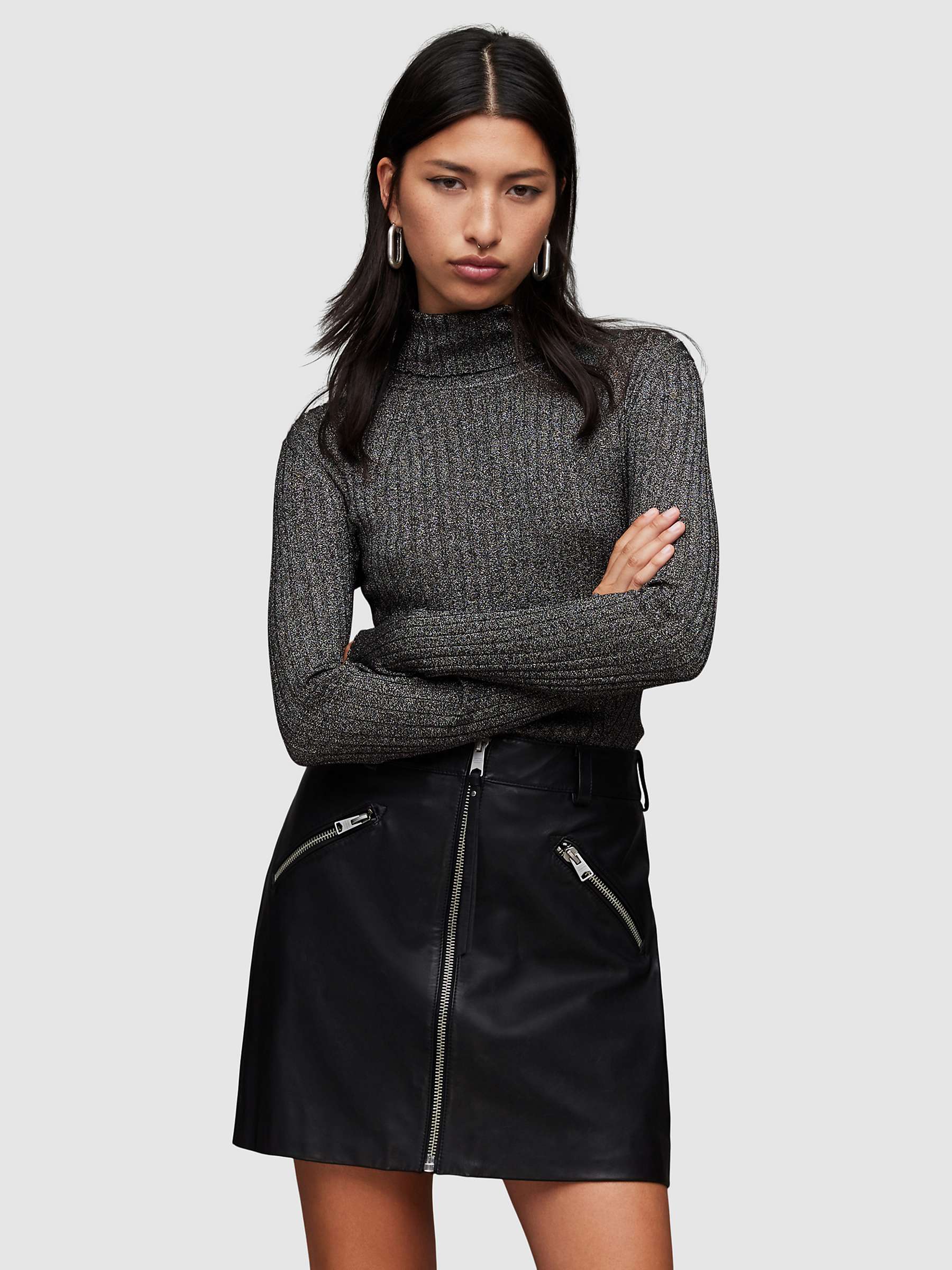 Buy AllSaints Juliette Rib Roll Neck Jumper, Black/Silver Online at johnlewis.com