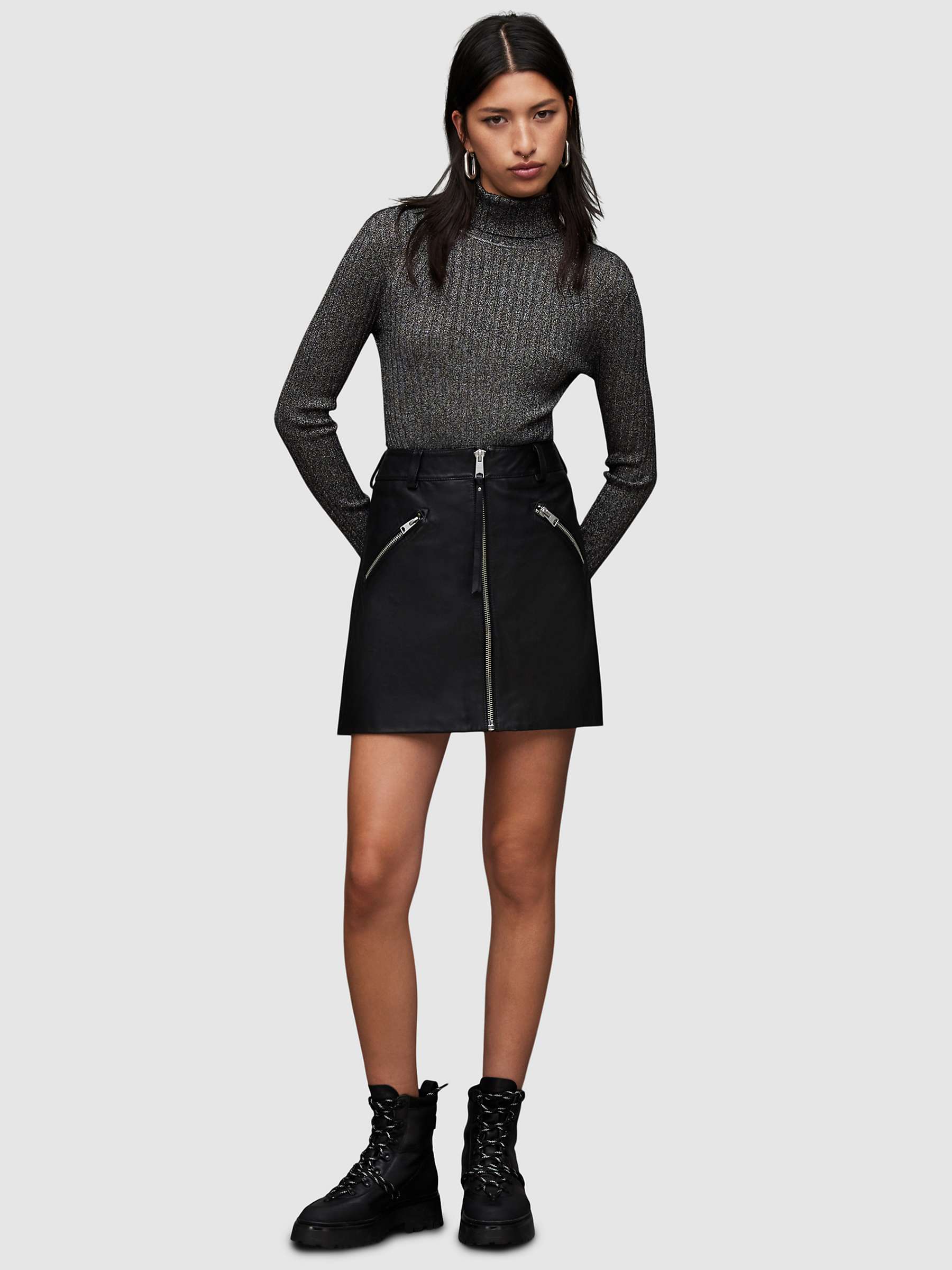 Buy AllSaints Juliette Rib Roll Neck Jumper, Black/Silver Online at johnlewis.com