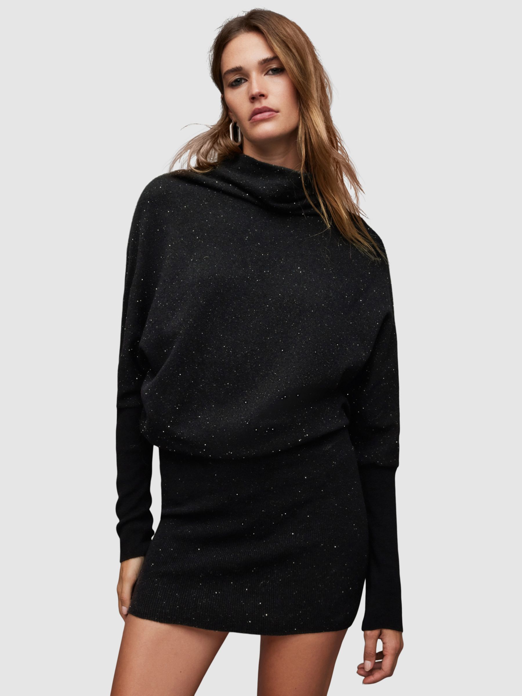 AllSaints Ridley High Neck Sparkle Jumper Mini Dress, Black/Silver