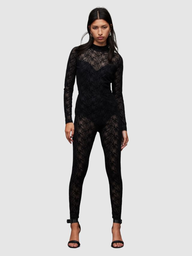 AllSaints Flocked Lace Catsuit, Black, 6