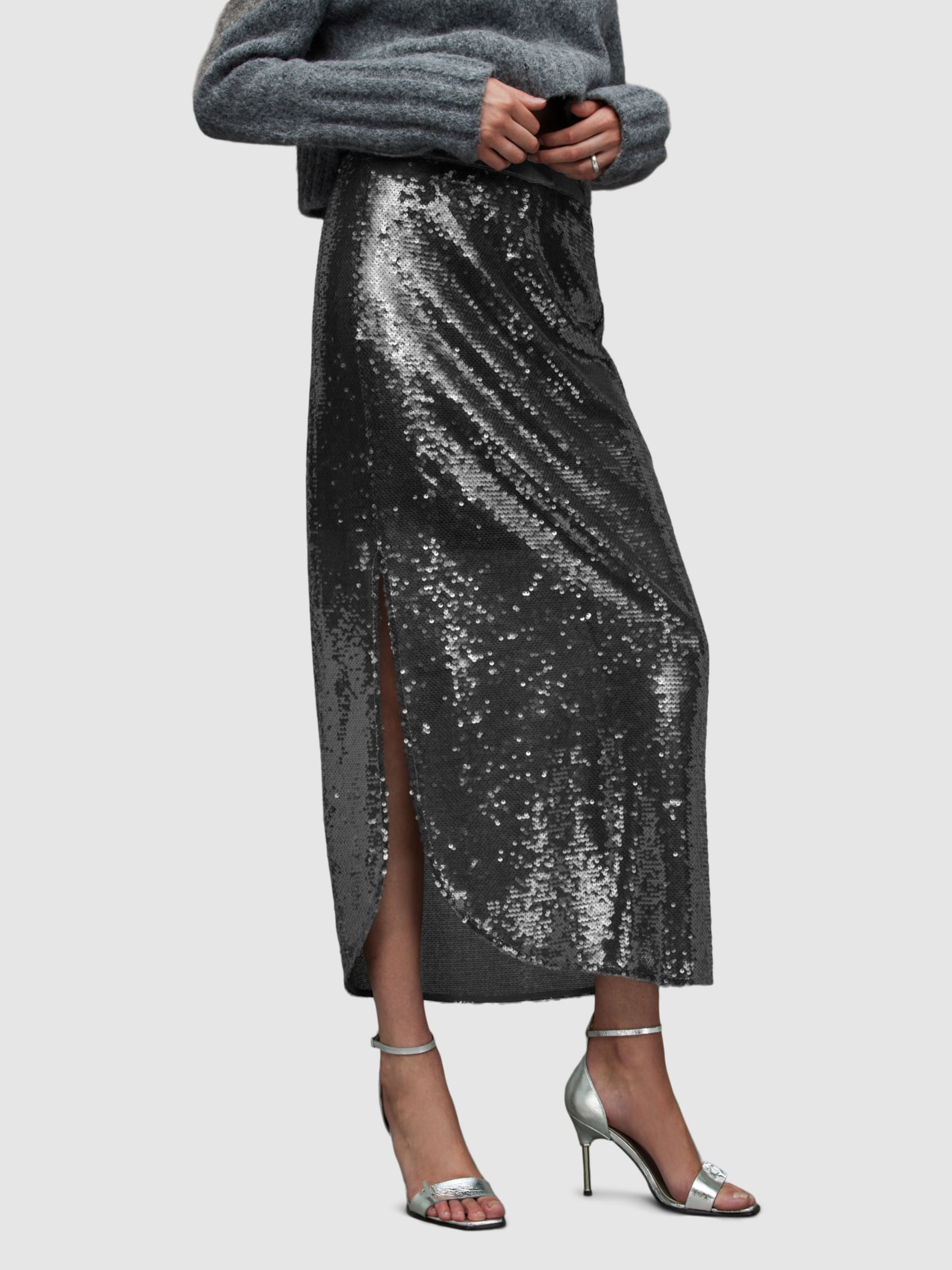 AllSaints Opal Sparkle Skirt, City Smoke Grey at John Lewis & Partners