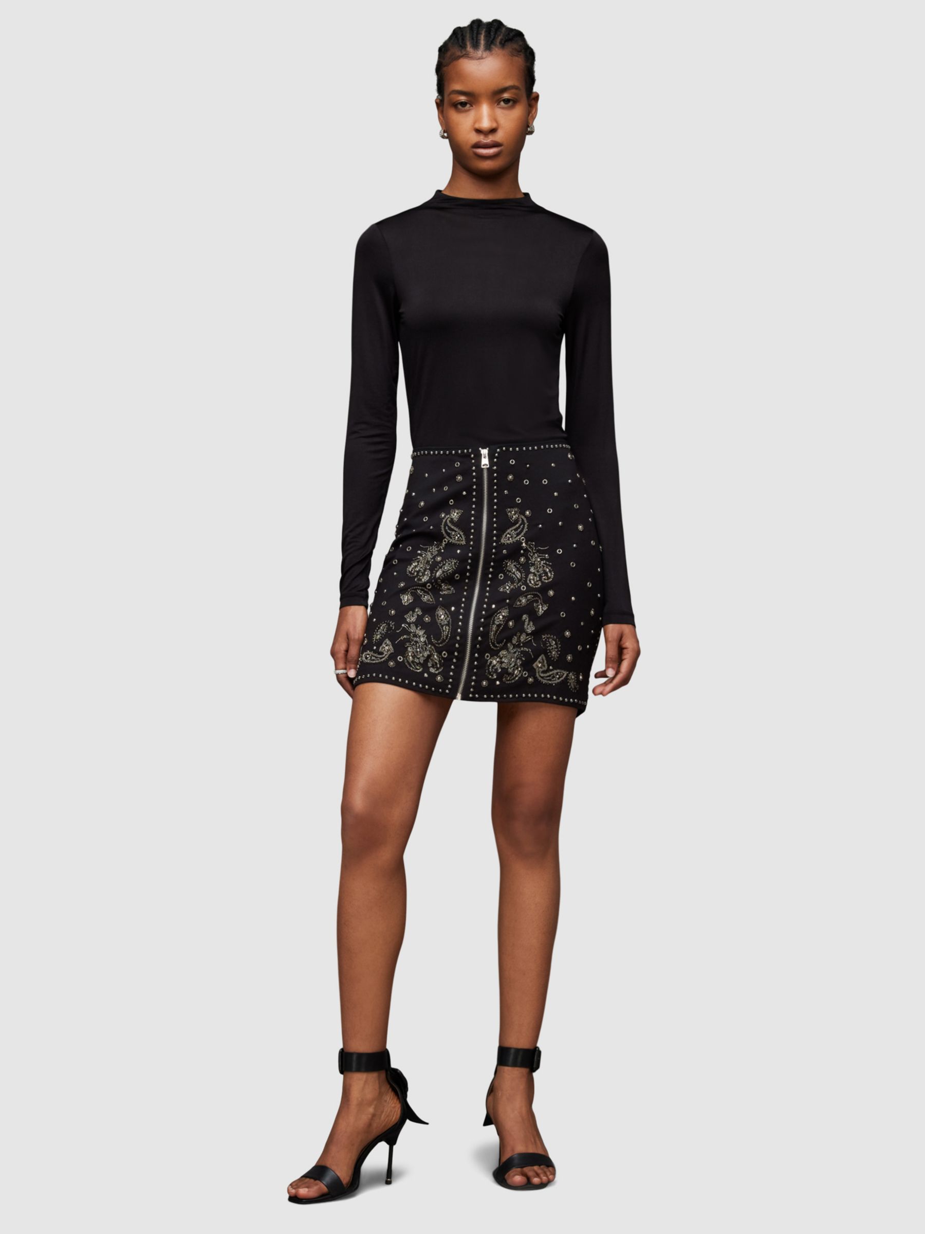 AllSaints Cassidy Embroidered Mini Skirt, Black