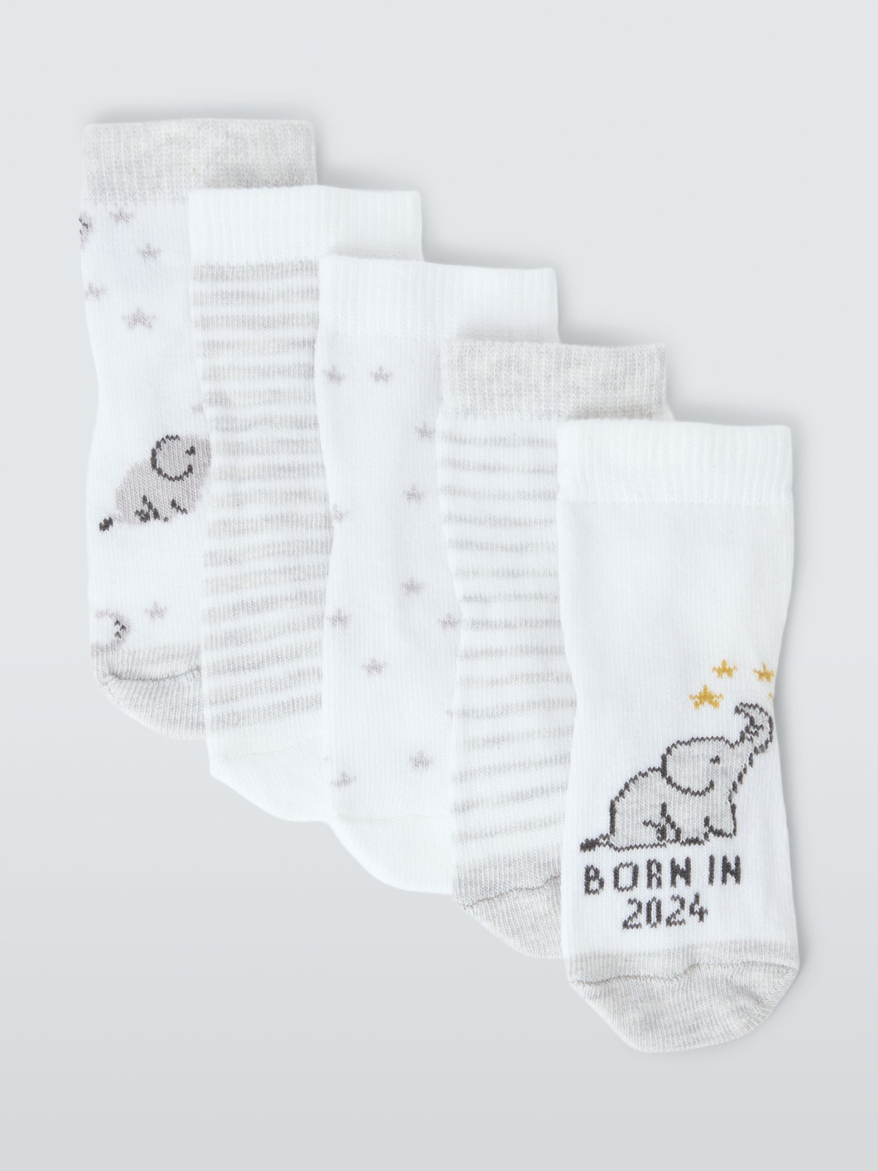 John Lewis Baby Organic Cotton Rich Born in 2024 Socks, Pack of 5, White/Multi, Newborn
