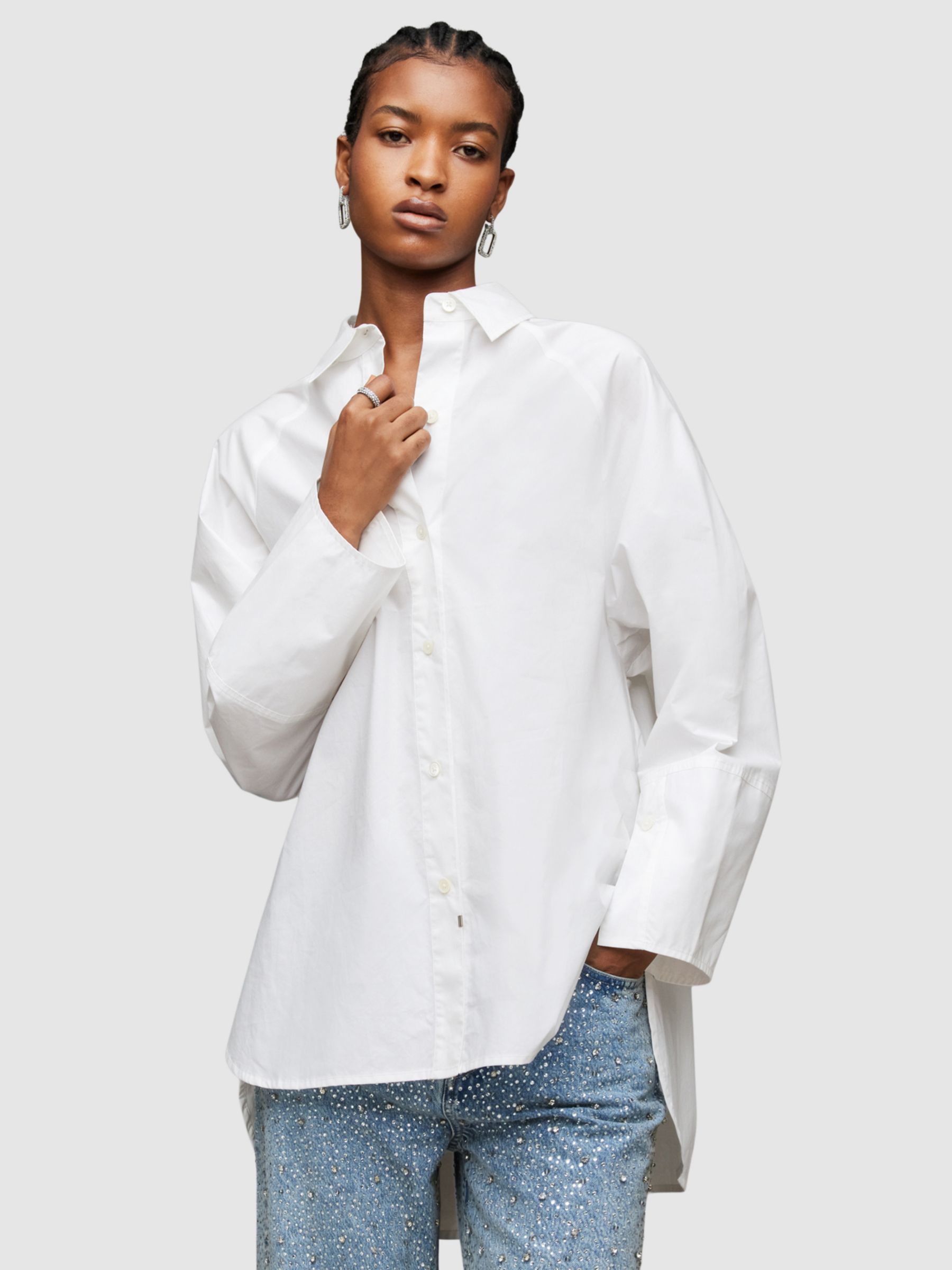 AllSaints Evie Cotton Oversized Long Sleeve Shirt, Chalk White, 6