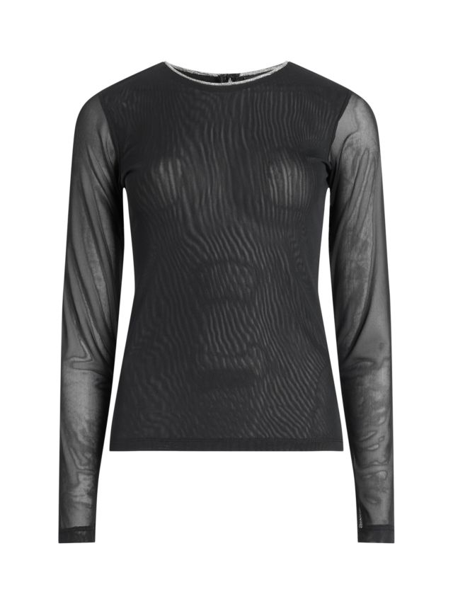 AllSaints Nora Sparkle Trim Mesh Top, Black, 6