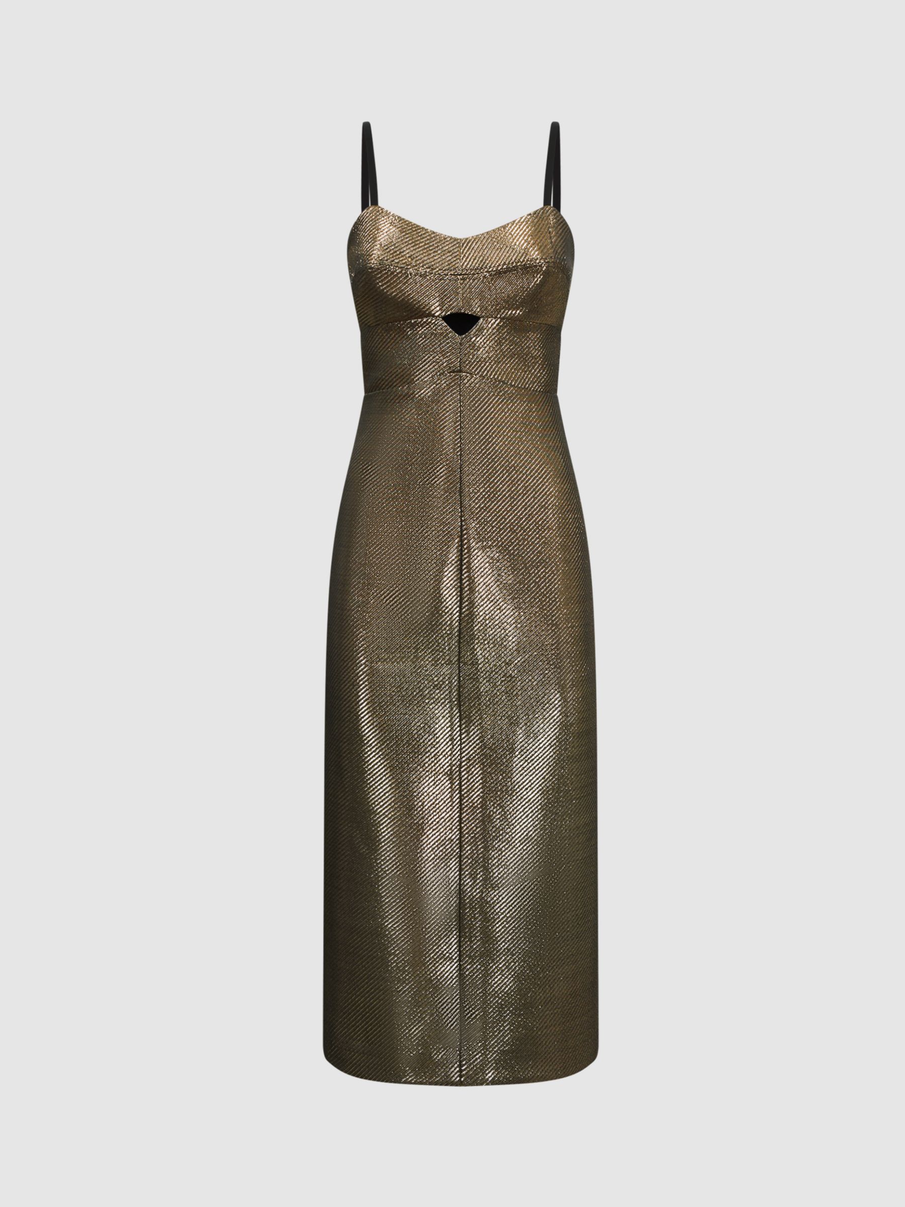 Reiss Mina Metallic Bodycon Midi Dress, Gold, 10