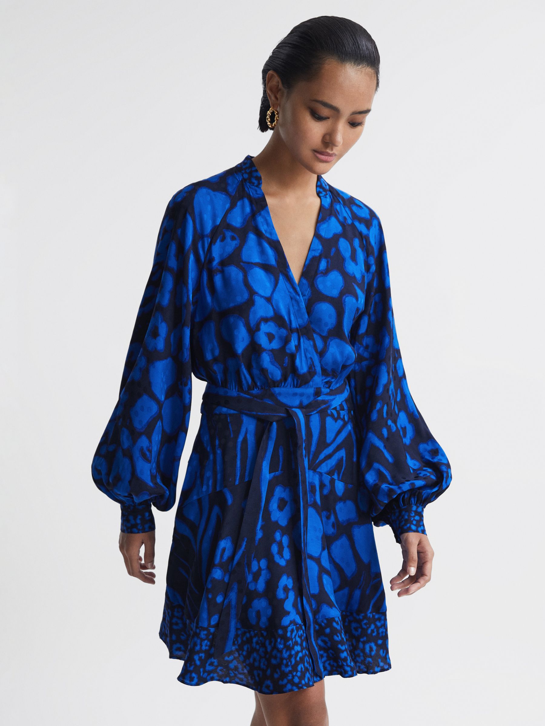 Reiss Kerri Abstract Print Flippy Mini Dress, Blue/Navy