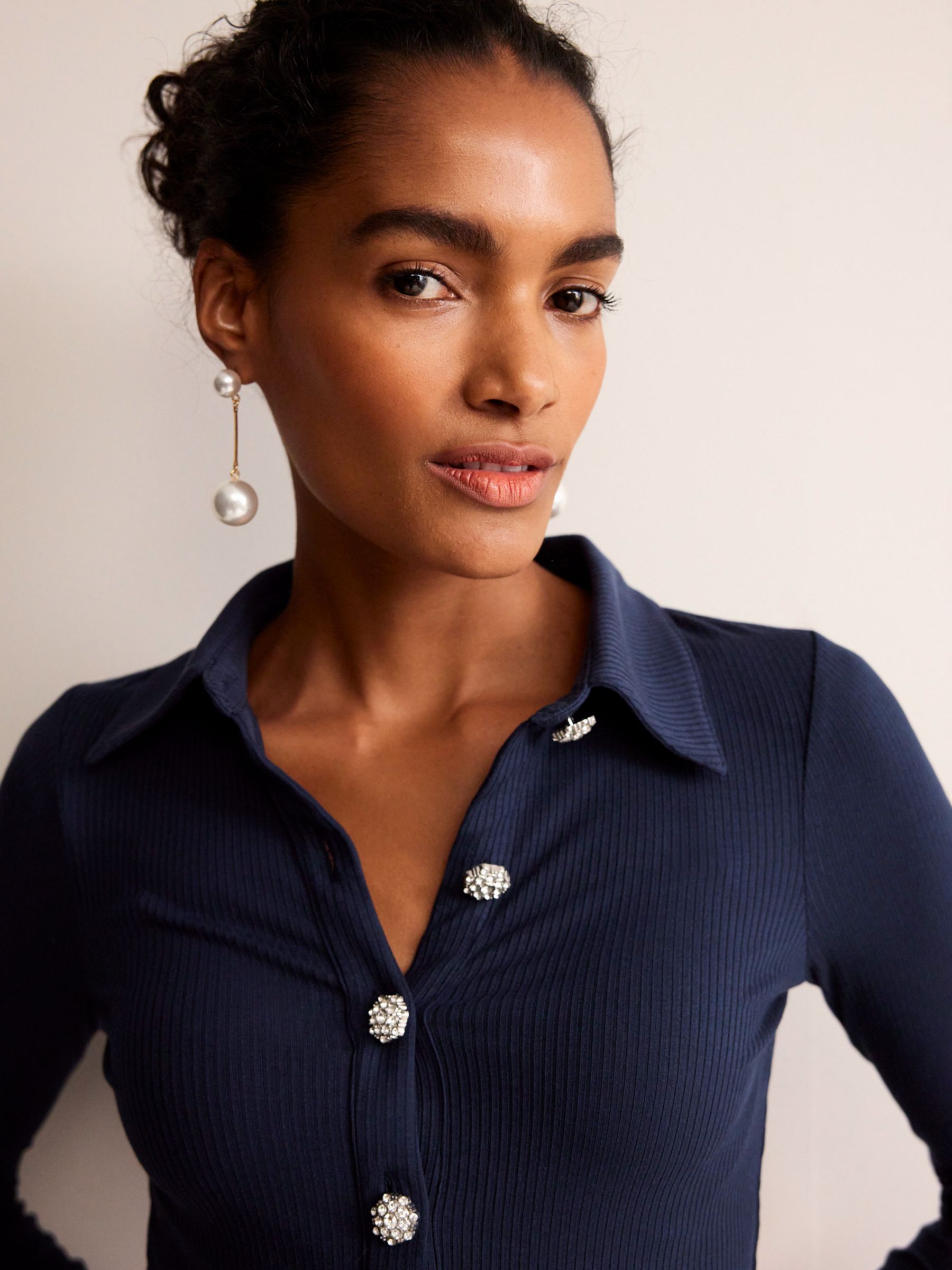 Boden Ribbed Jewelled Button Top, French Navy, 8