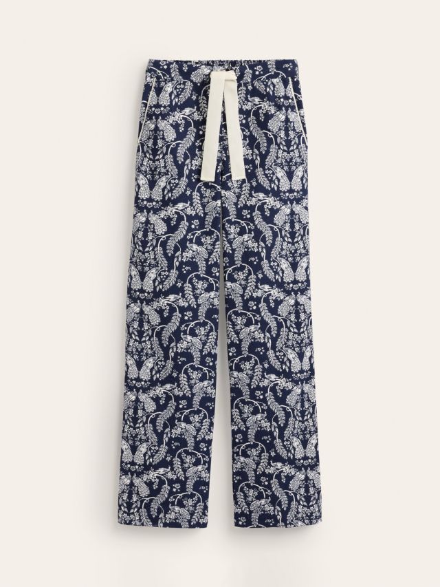 Boden Peacock Print Brushed Cotton Pyjama Bottoms, French Navy/White, 8