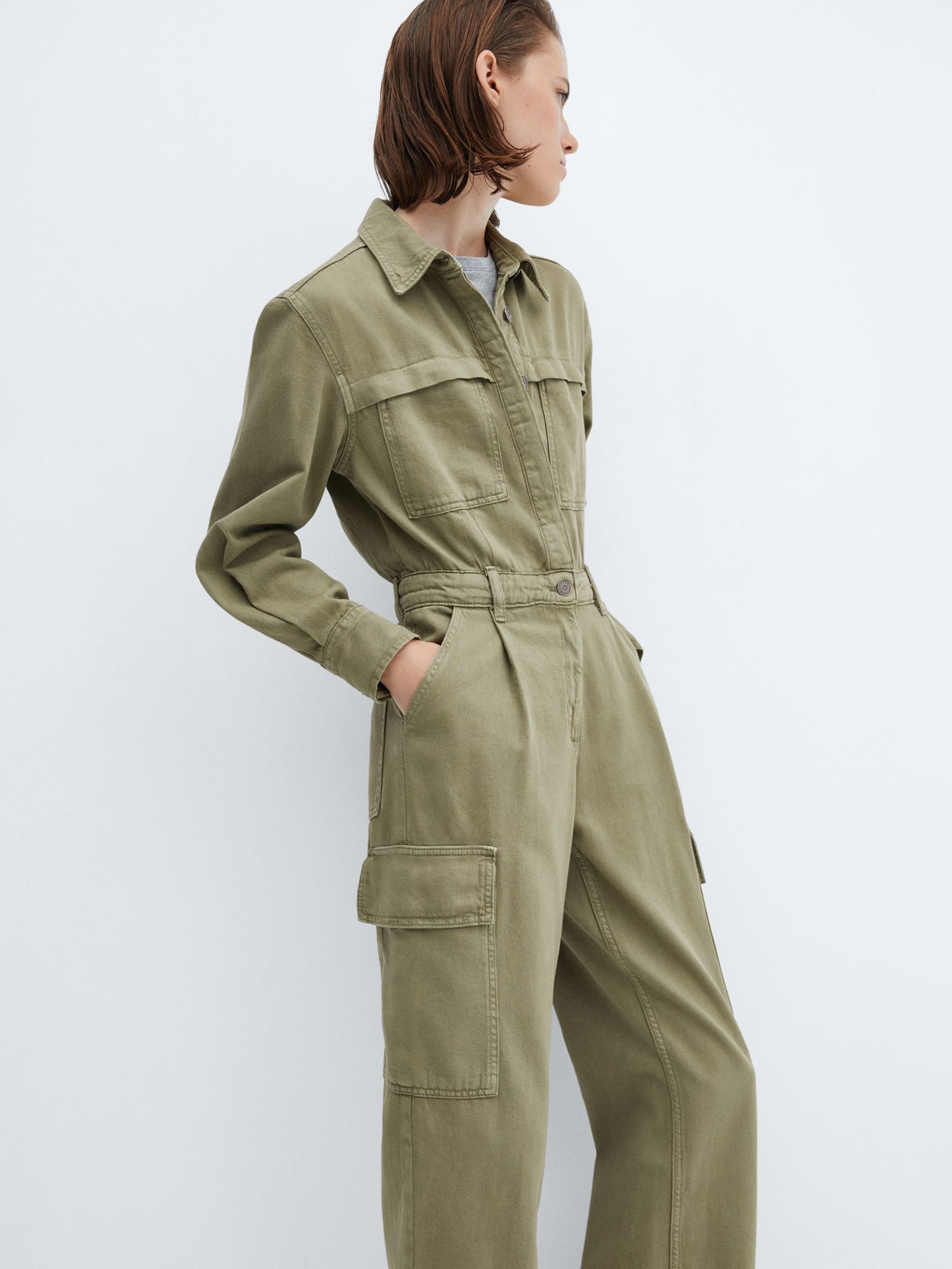 Mango Ivete Denim Cargo Jumpsuit, Khaki at John Lewis & Partners