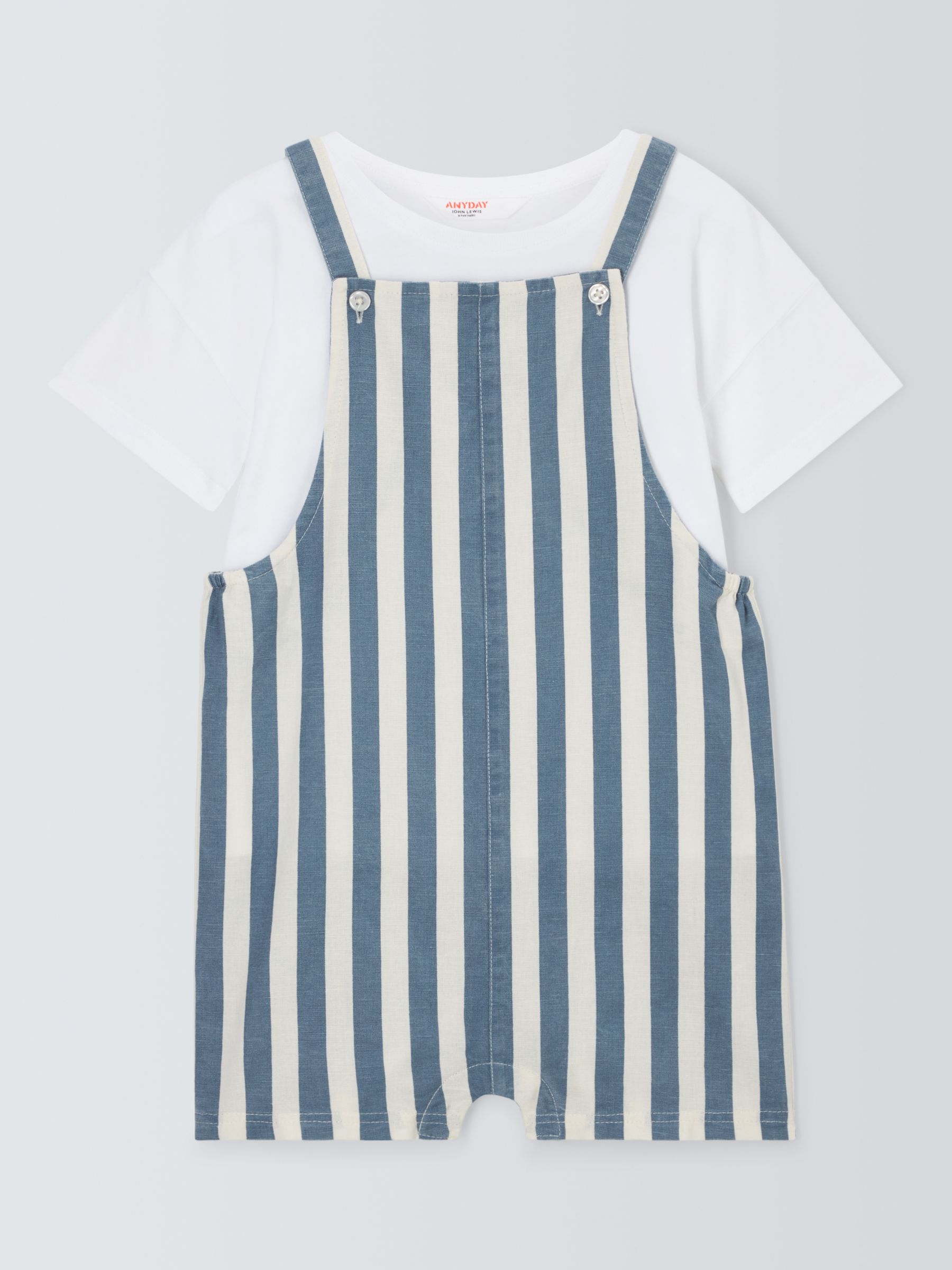 John Lewis ANYDAY Baby Cotton T-Shirt and Linen Blend Stripe Dungarees, Blue, 9-12 months