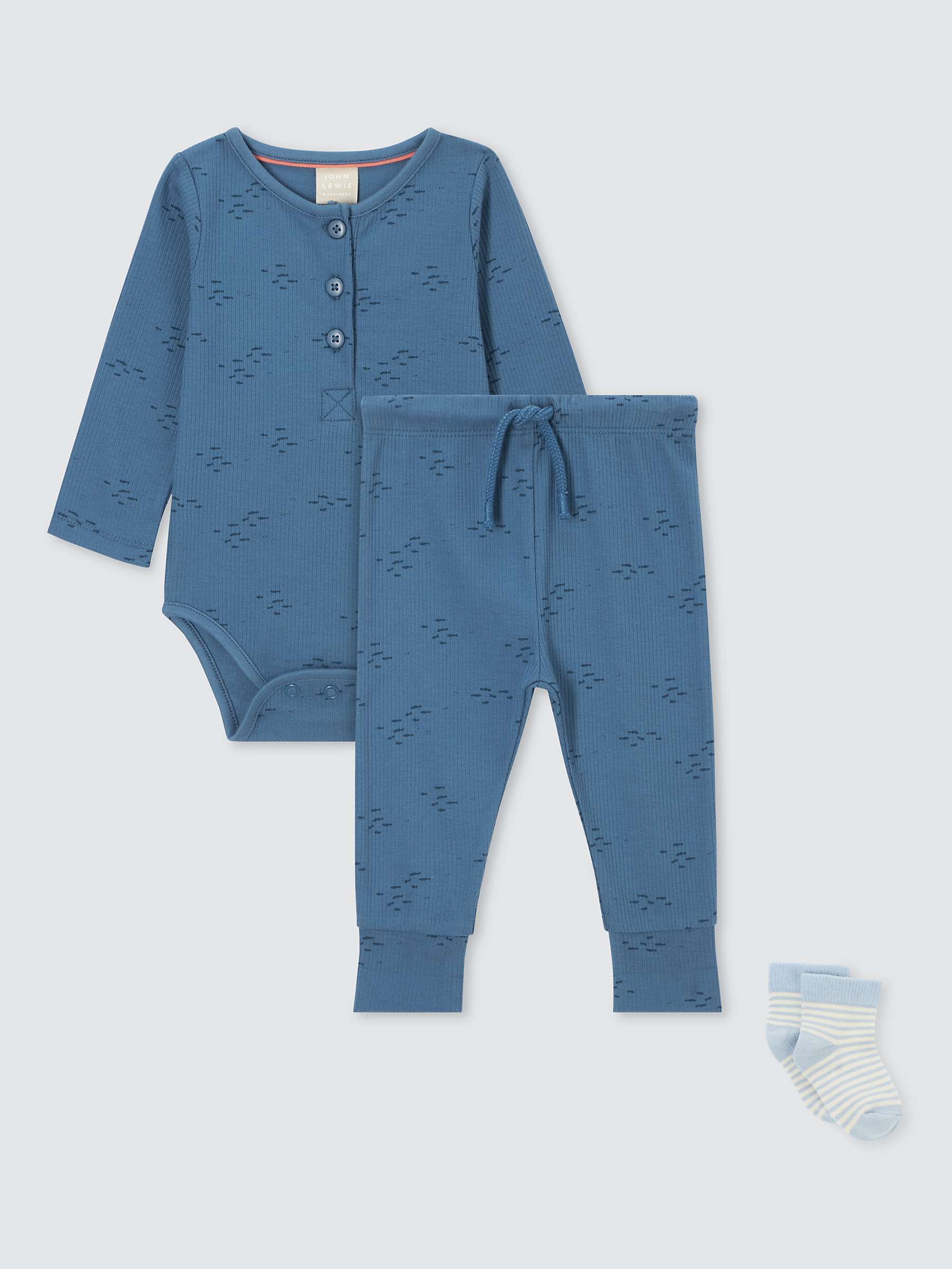 Buy John Lewis Baby Fish Print Bodysuit, Trousers & Socks Set, Blue Online at johnlewis.com