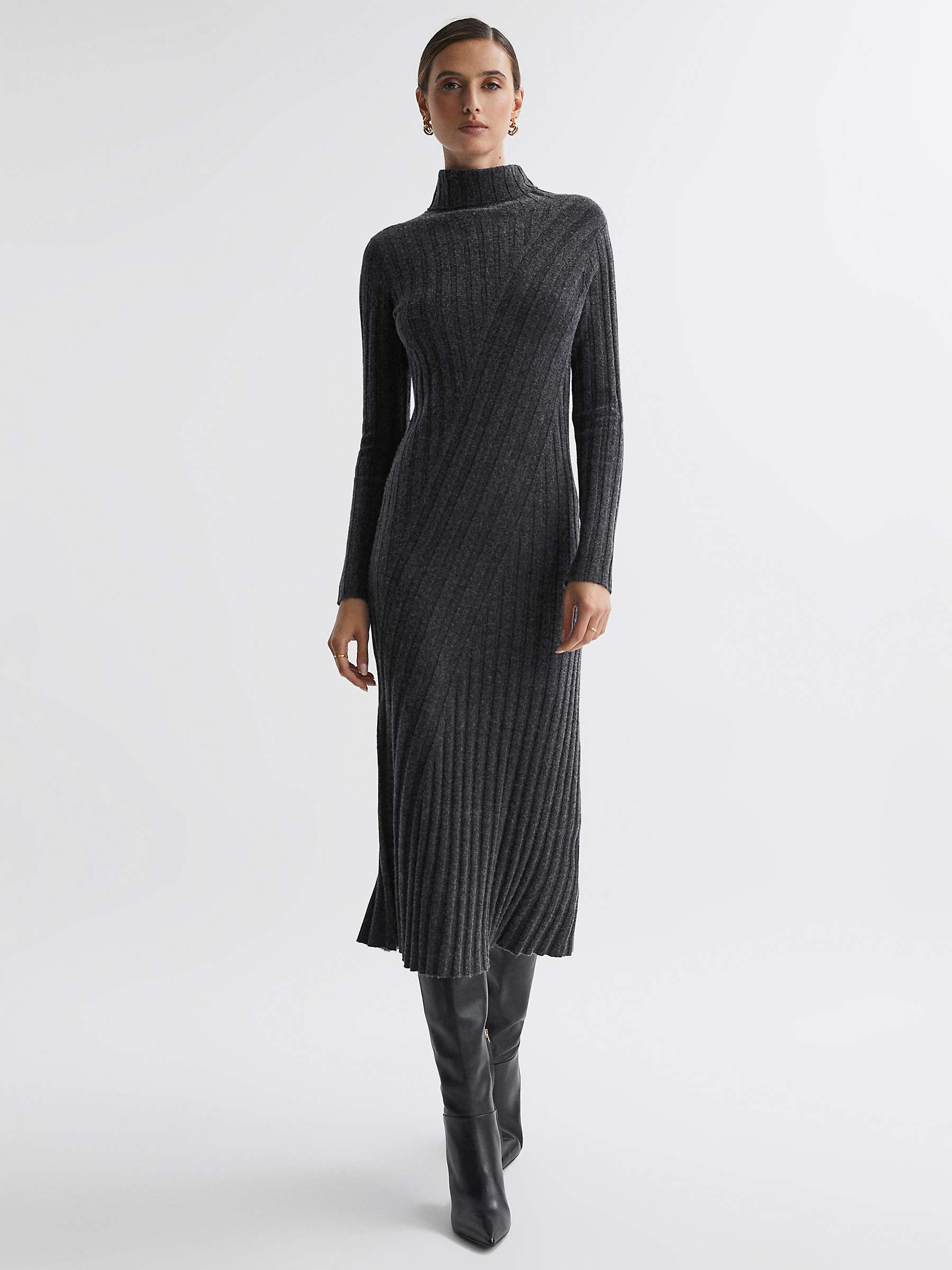 Buy Reiss Cady Chunky Rib Knit Roll Neck Midi Dress, Charcoal Online at johnlewis.com