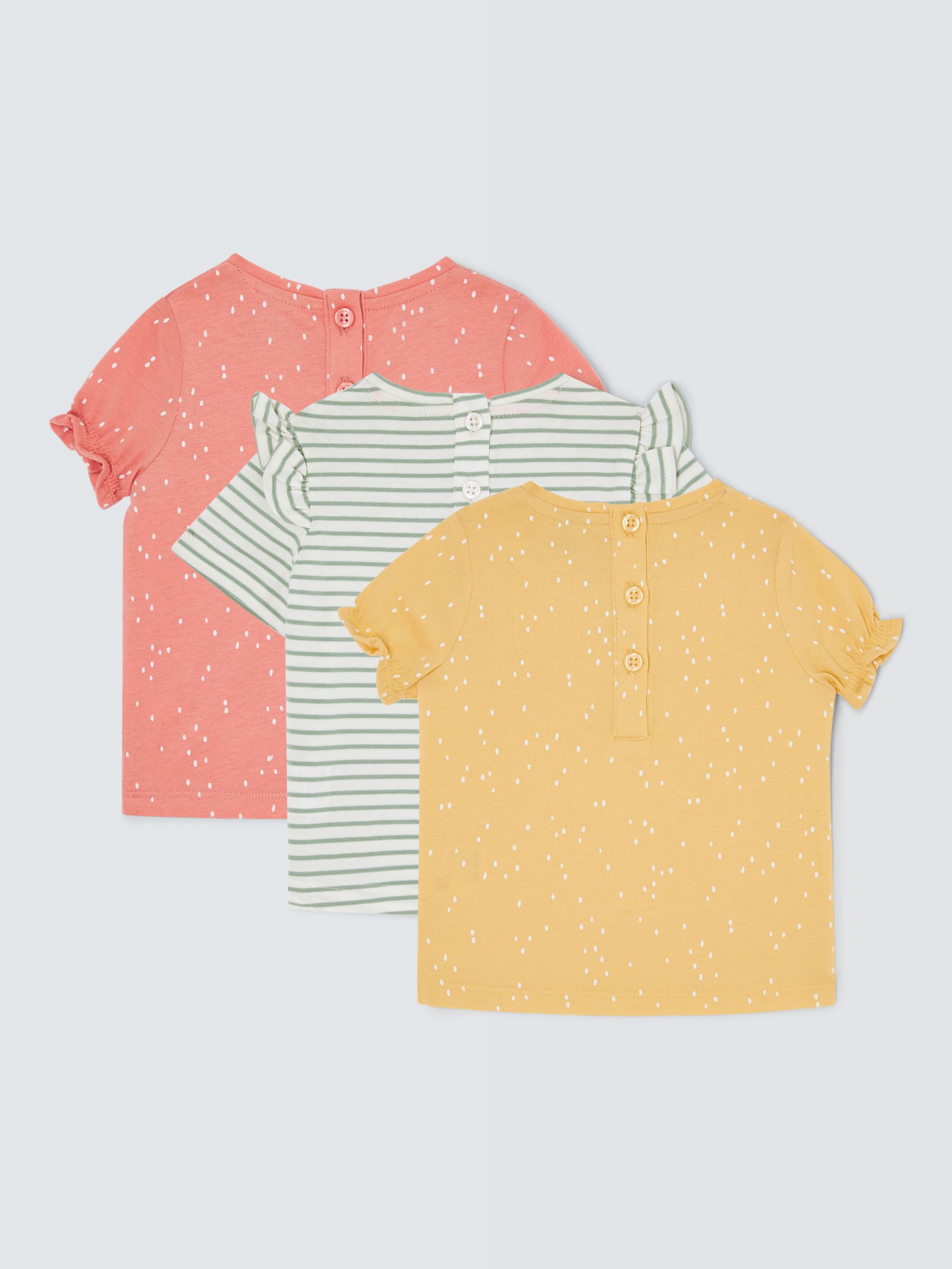 John Lewis Baby Stripe Frill Pocket Detail T-Shirt, Pack of 3, Multi, 6-9 months
