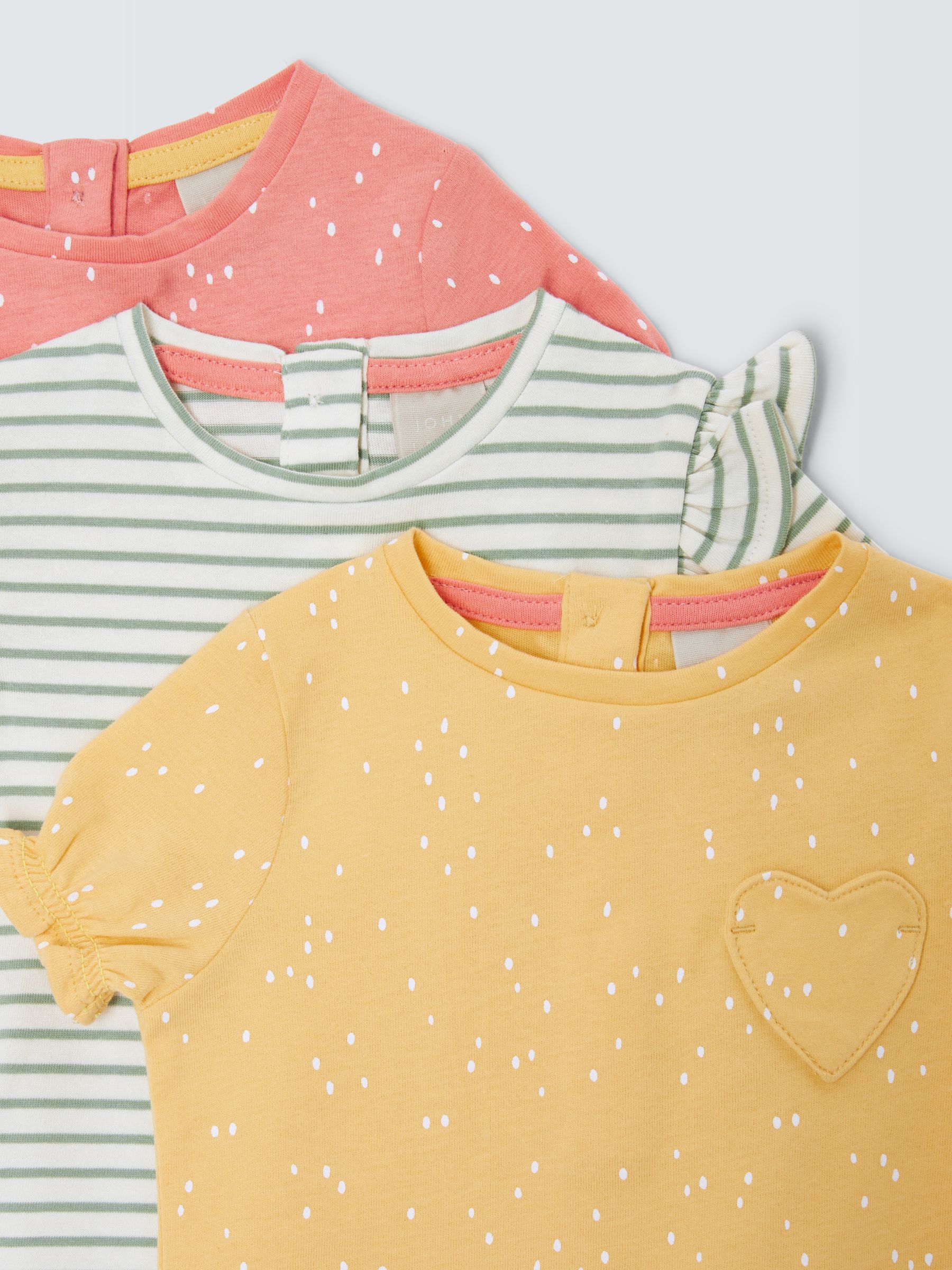 John Lewis Baby Stripe Frill Pocket Detail T-Shirt, Pack of 3, Multi, 6-9 months