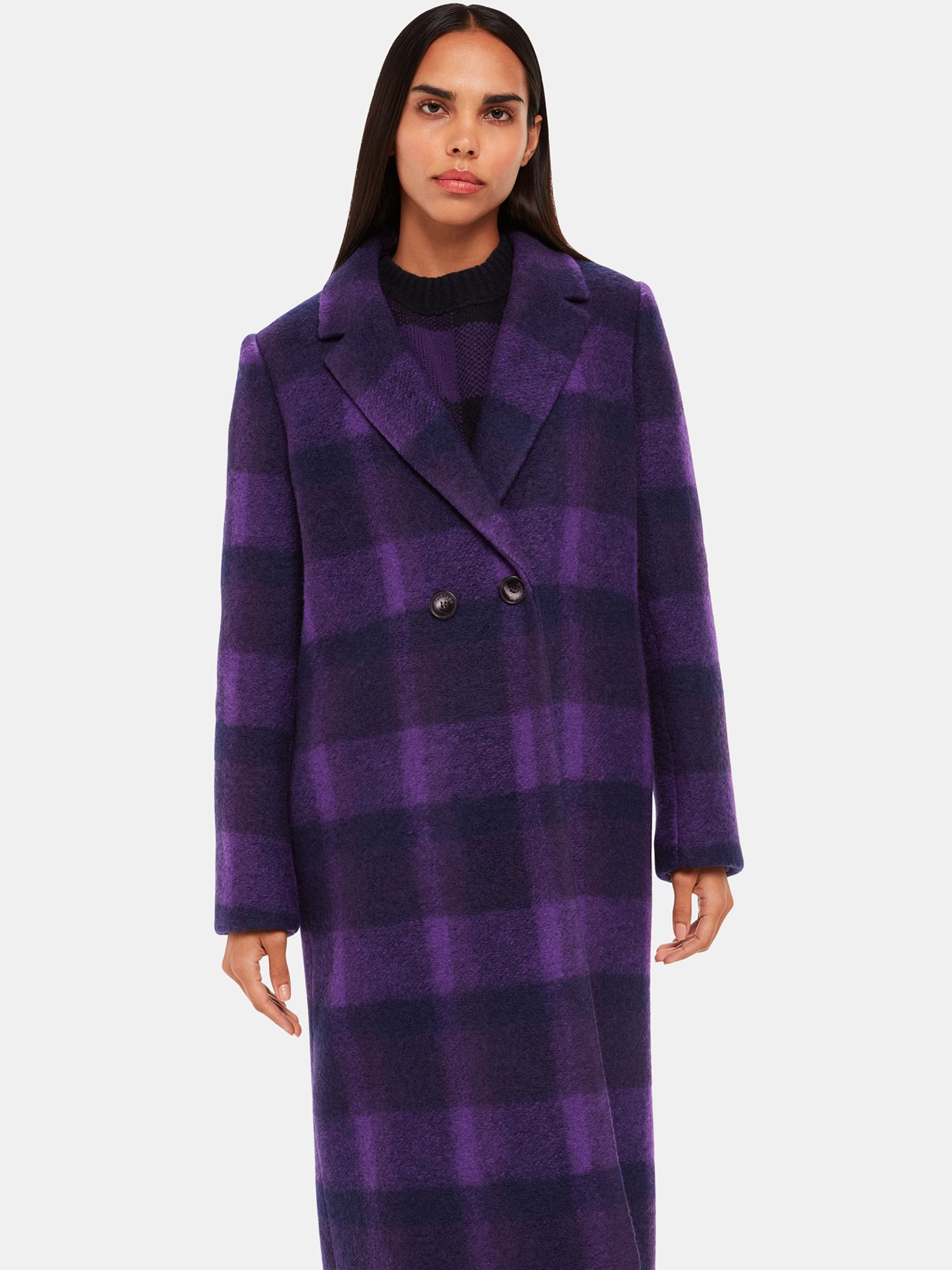 Whistles Camila Wool Blend Check Coat, Purple, 6