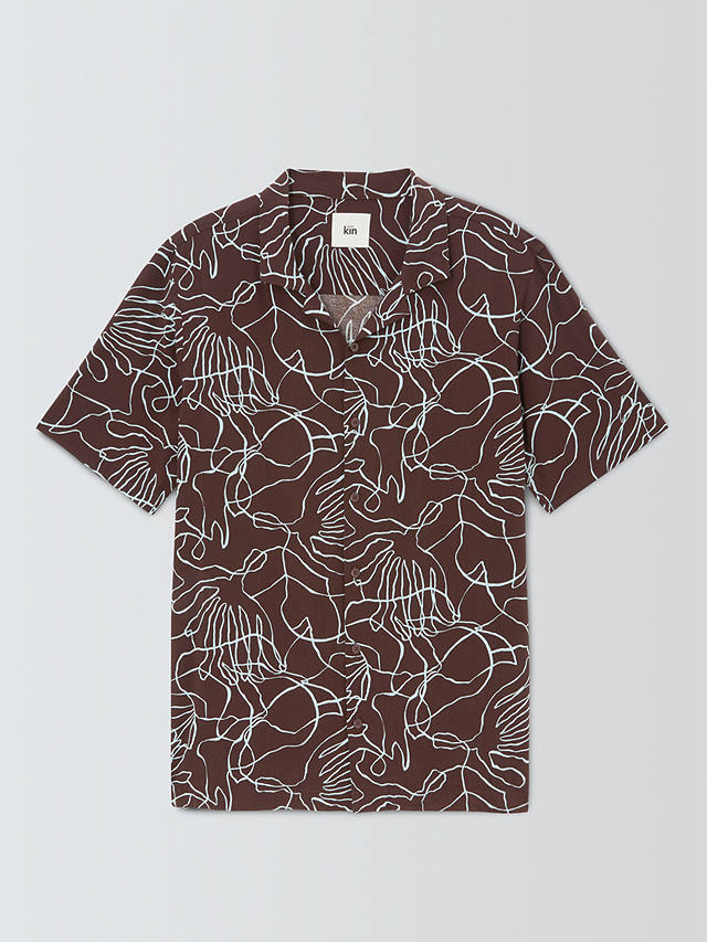 Kin Squiggle LENZING™ ECOVERO™ VISCOSE Short Sleeve Revere Collar Shirt, Chocolate Plum
