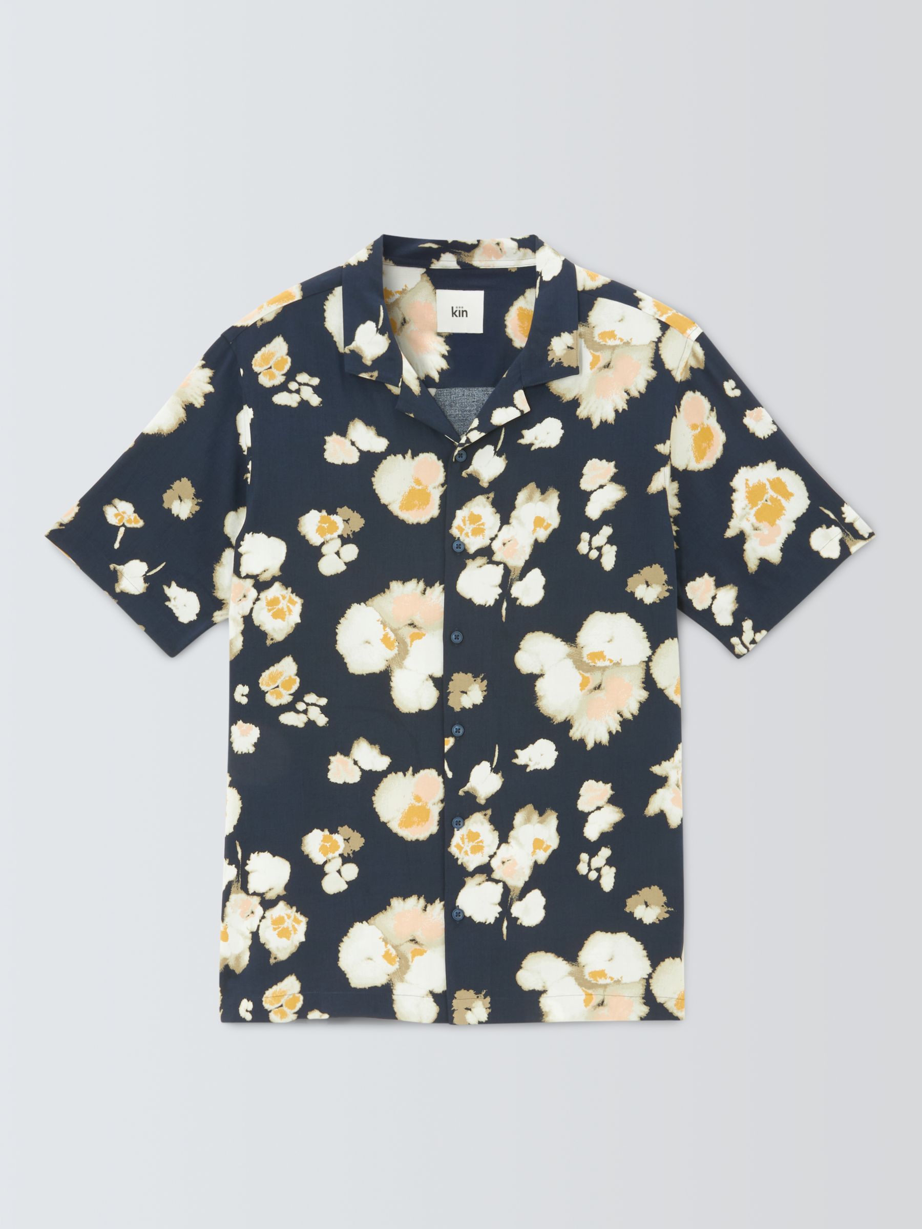 Kin Floral LENZING™ ECOVERO™ VISCOSE Revere Collar Short Sleeve Shirt, Navy/Spruce Yellow, M