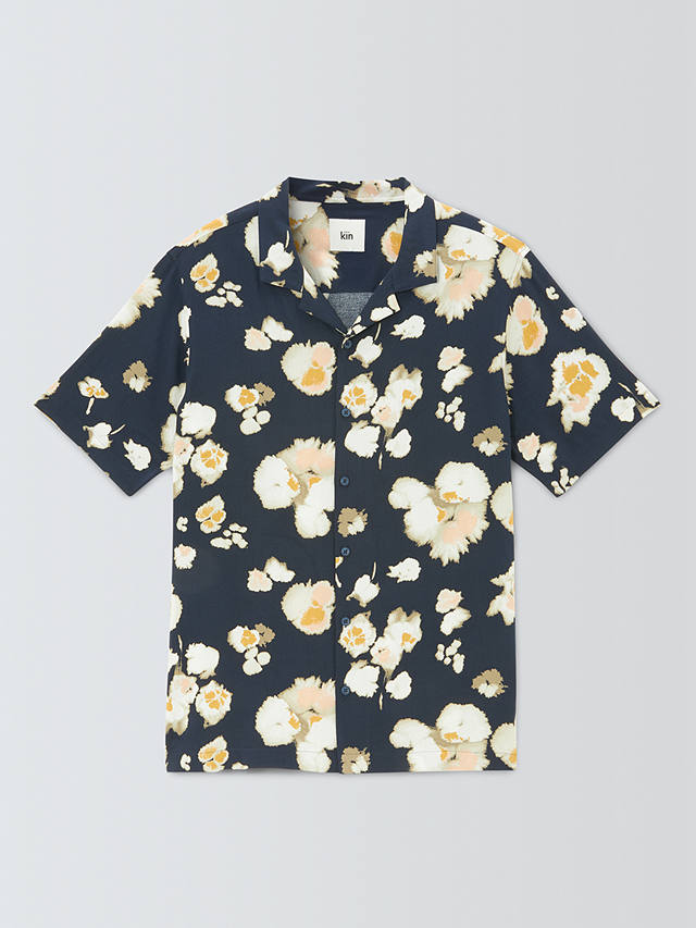 Kin Floral LENZING™ ECOVERO™ VISCOSE Revere Collar Short Sleeve Shirt, Navy/Spruce Yellow