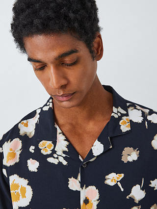 Kin Floral LENZING™ ECOVERO™ VISCOSE Revere Collar Short Sleeve Shirt, Navy/Spruce Yellow