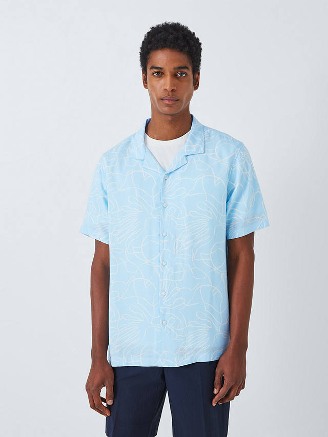 Kin Squiggle LENZING™ ECOVERO™ VISCOSE Short Sleeve Revere Collar Shirt, Cerulean/Ecru