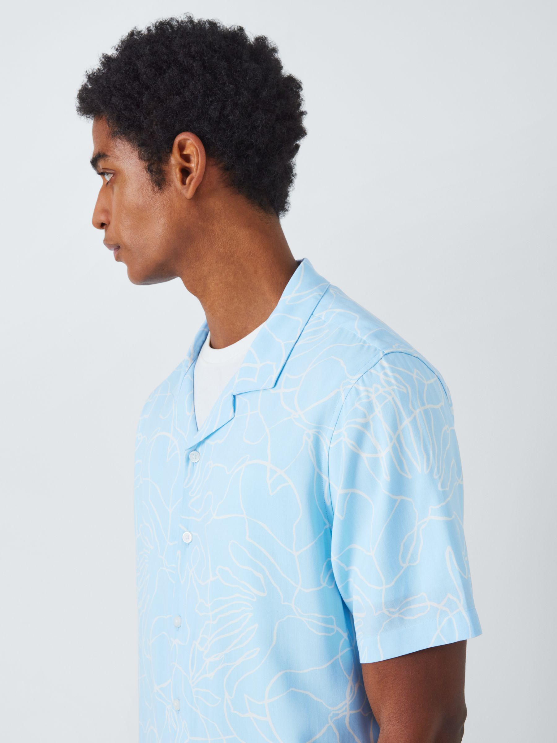 Kin Squiggle LENZING™ ECOVERO™ VISCOSE Short Sleeve Revere Collar Shirt, Cerulean/Ecru, S