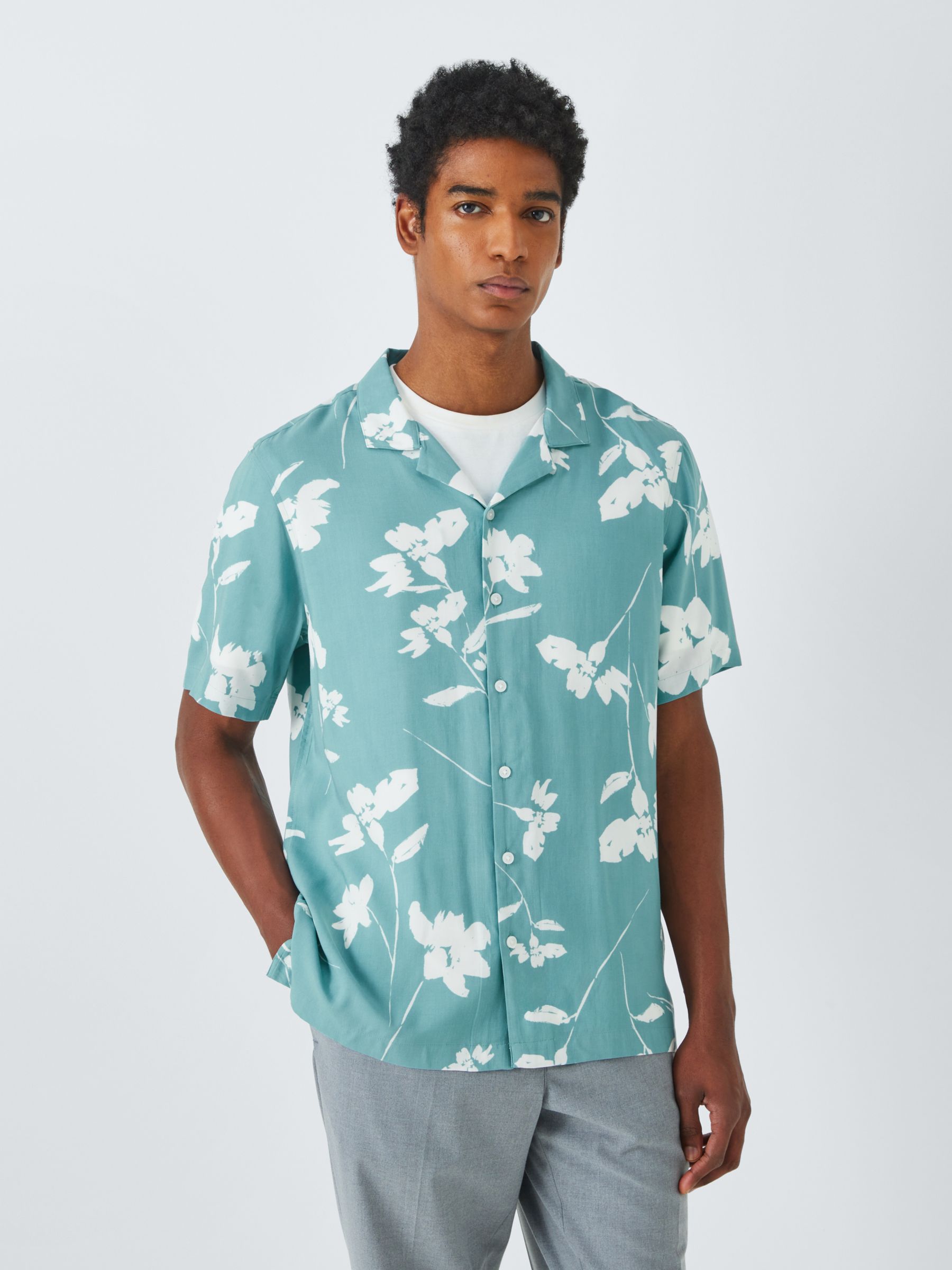 Kin Floral LENZING™ ECOVERO™ VISCOSE Revere Collar Short Sleeve Shirt, Arctic/Ecru, S