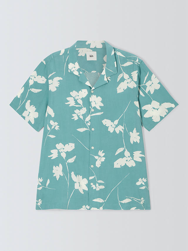 Kin Floral LENZING™ ECOVERO™ VISCOSE Revere Collar Short Sleeve Shirt, Arctic/Ecru