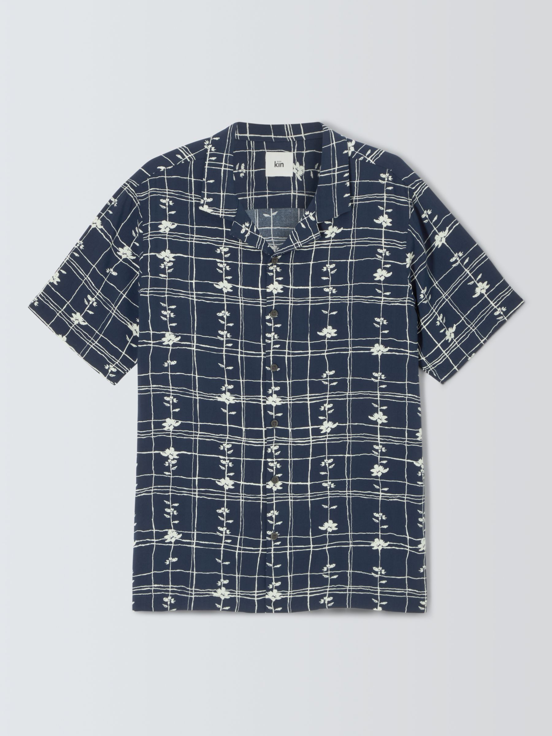 Kin Check LENZING™ ECOVERO™ VISCOSE Revere Collar Short Sleeve Shirt, Dark Navy, M