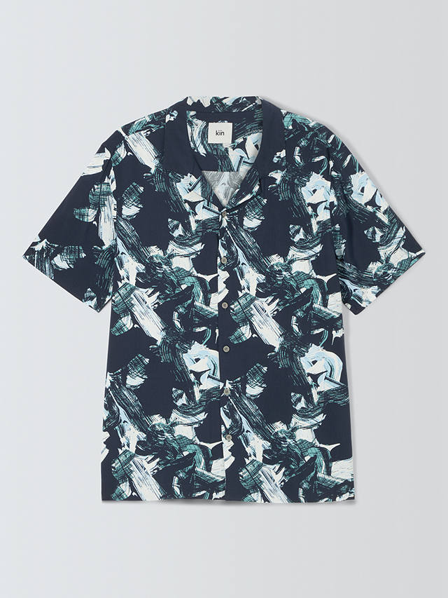 Kin Abstract LENZING™ ECOVERO™ VISCOSE Short Sleeve Revere Collar Shirt, Dark Navy