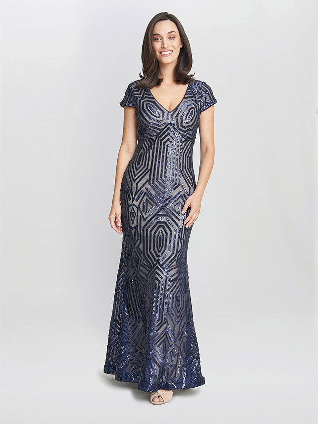 Gina Bacconi Marcia Sequin Gown, Navy/Nude