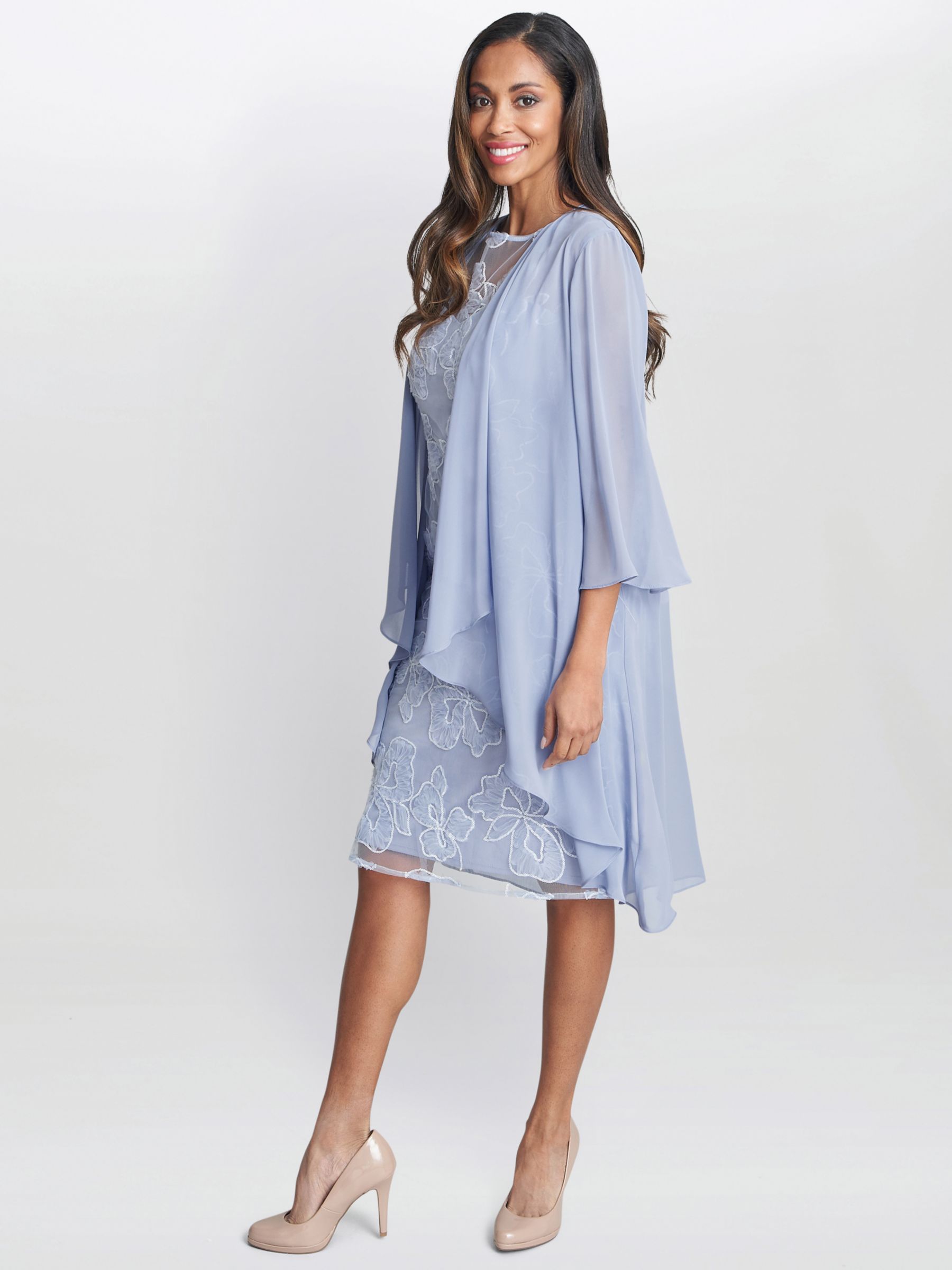 Gina Bacconi Elia Embroidered Dress with Chiffon Jacket, Hydrangea at ...