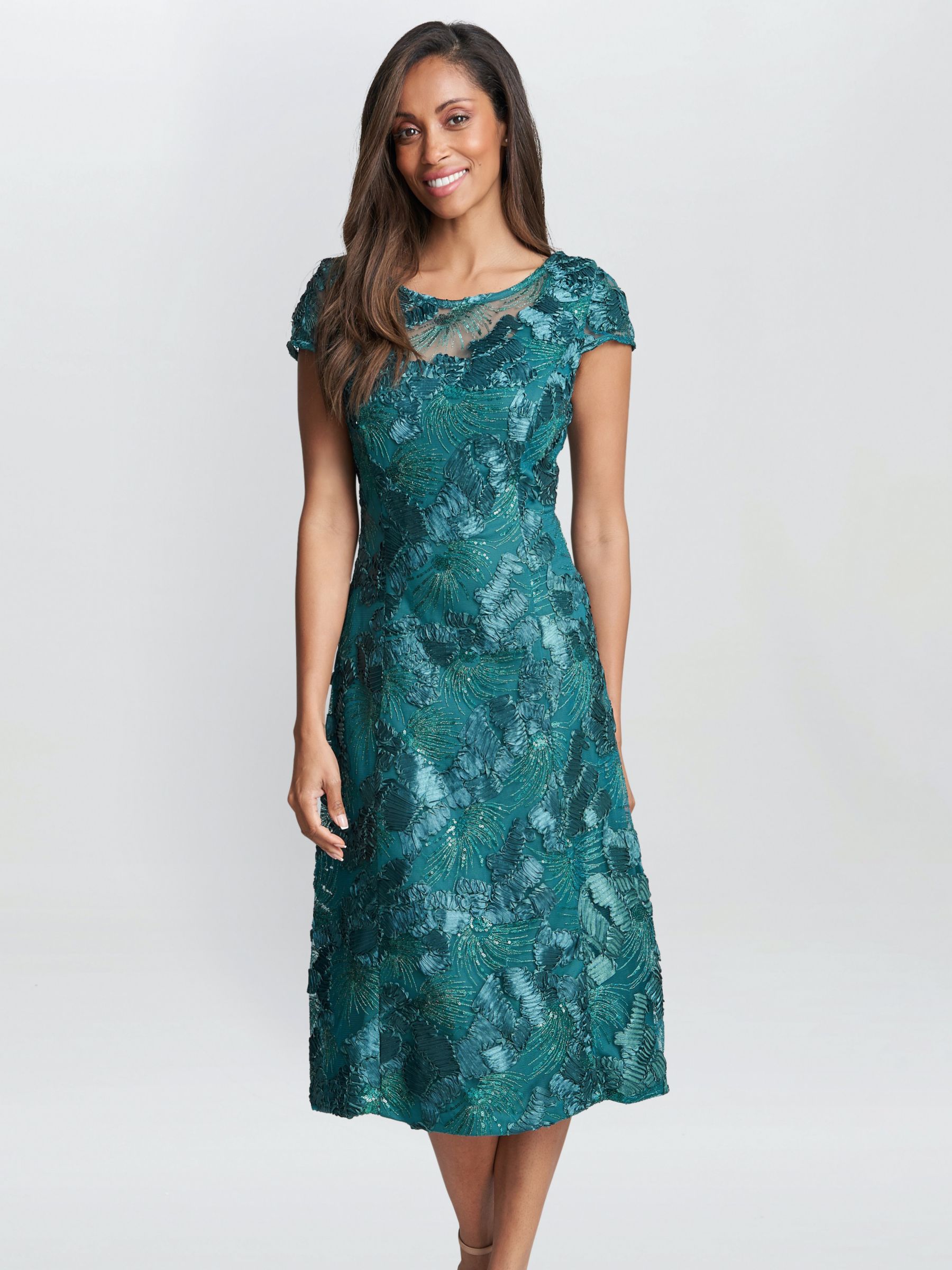 Gina Bacconi Abella Illusion Jewel Floral Dress, Emerald at John Lewis ...