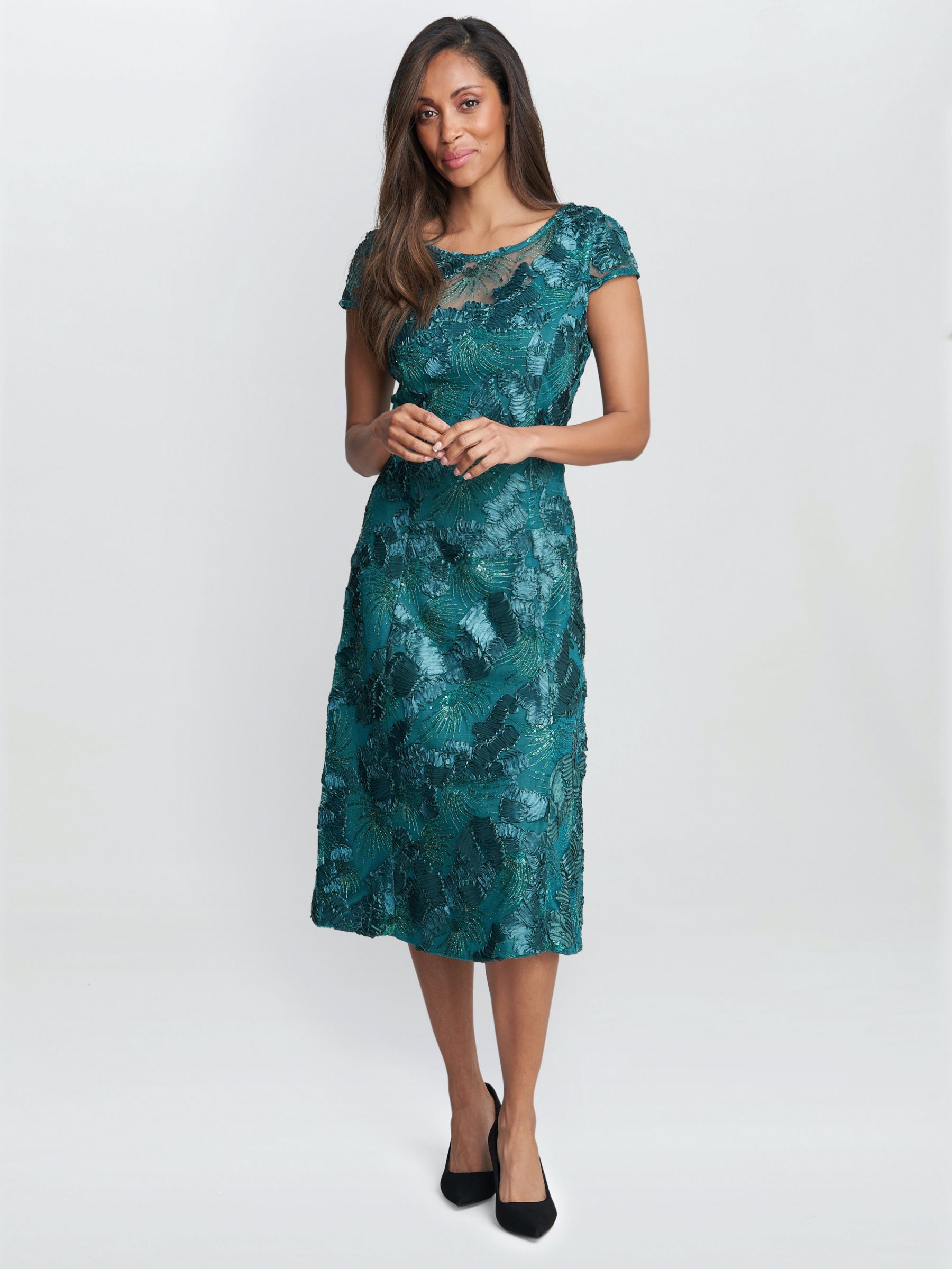 Gina Bacconi Abella Illusion Jewel Floral Dress, Emerald at John Lewis ...