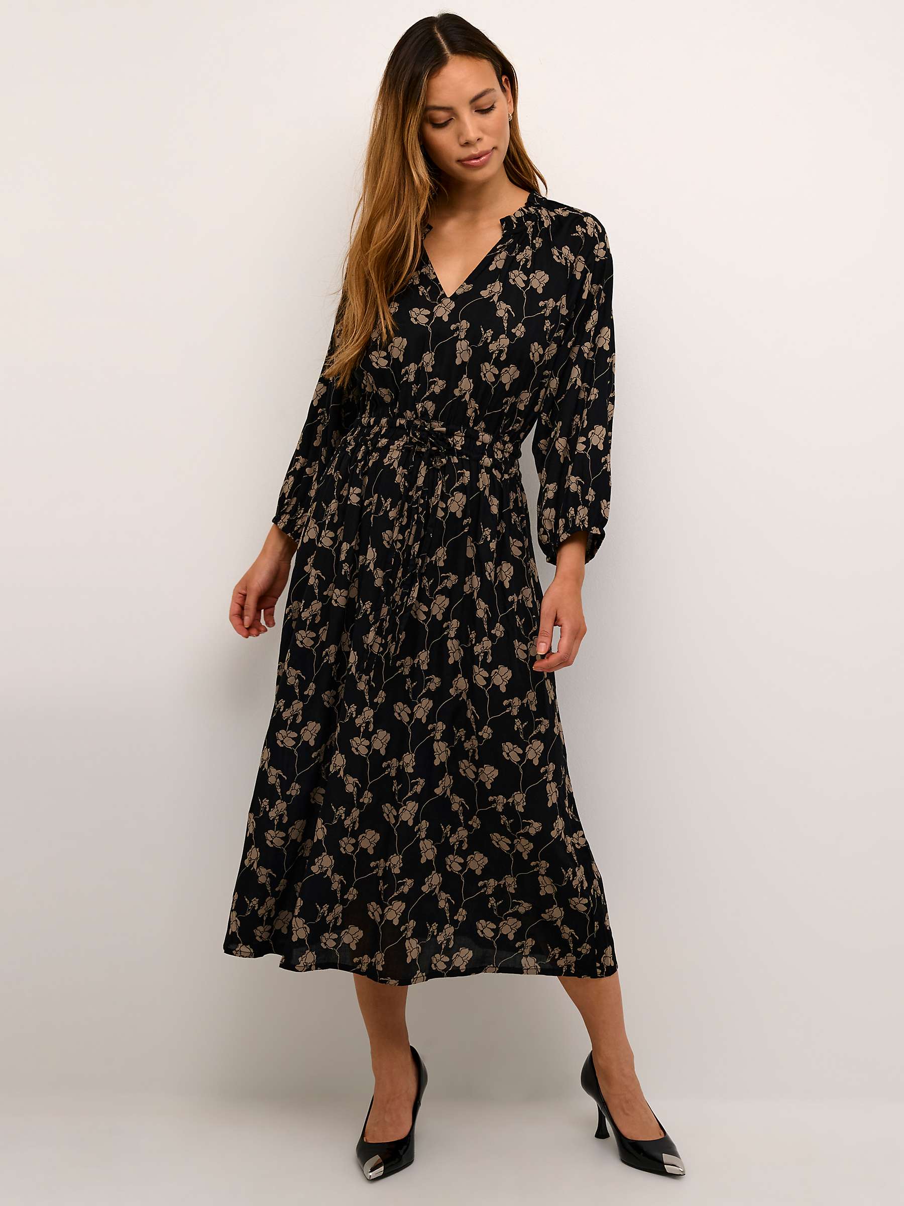 Buy KAFFE Sigrid Ecovero V-Neck 3/4 Sleeve Midi Dress, Black/Sand Online at johnlewis.com