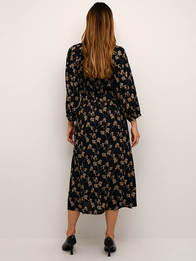 KAFFE Sigrid Ecovero V-Neck 3/4 Sleeve Midi Dress, Black/Sand
